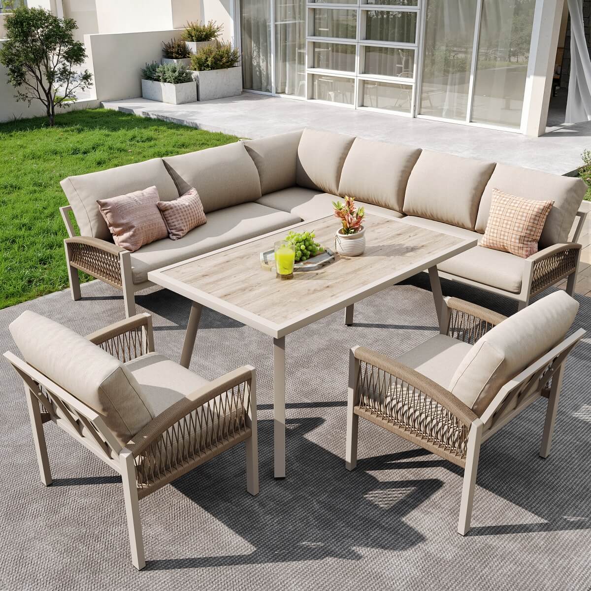 8 Seater Outdoor Garden Lounge Set – Rope Weave Sofa with Large Table and Cushions