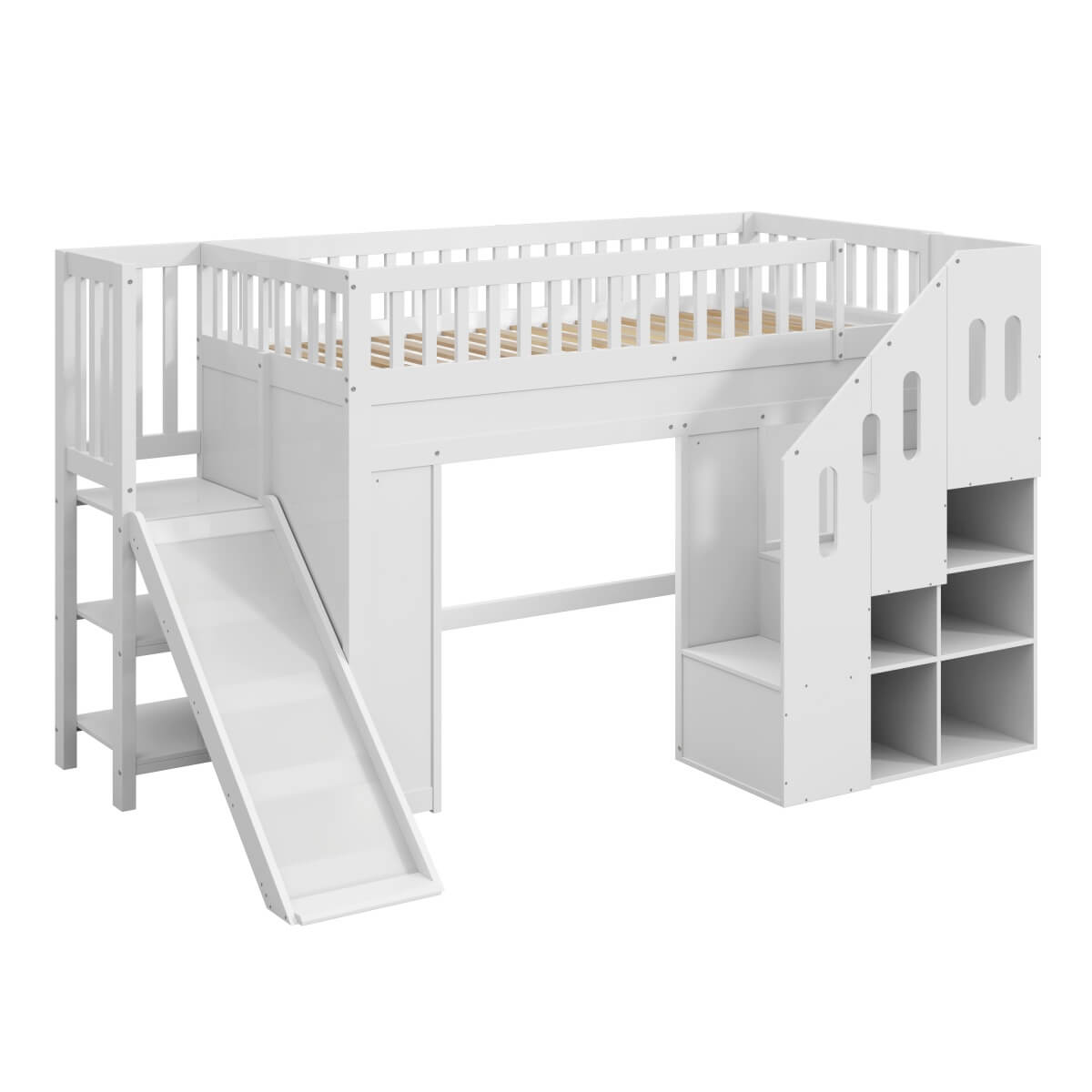 3ft Kids Loft Bed with Storage Stairs & LED Lights - Solid Wood Cabin Bed, White