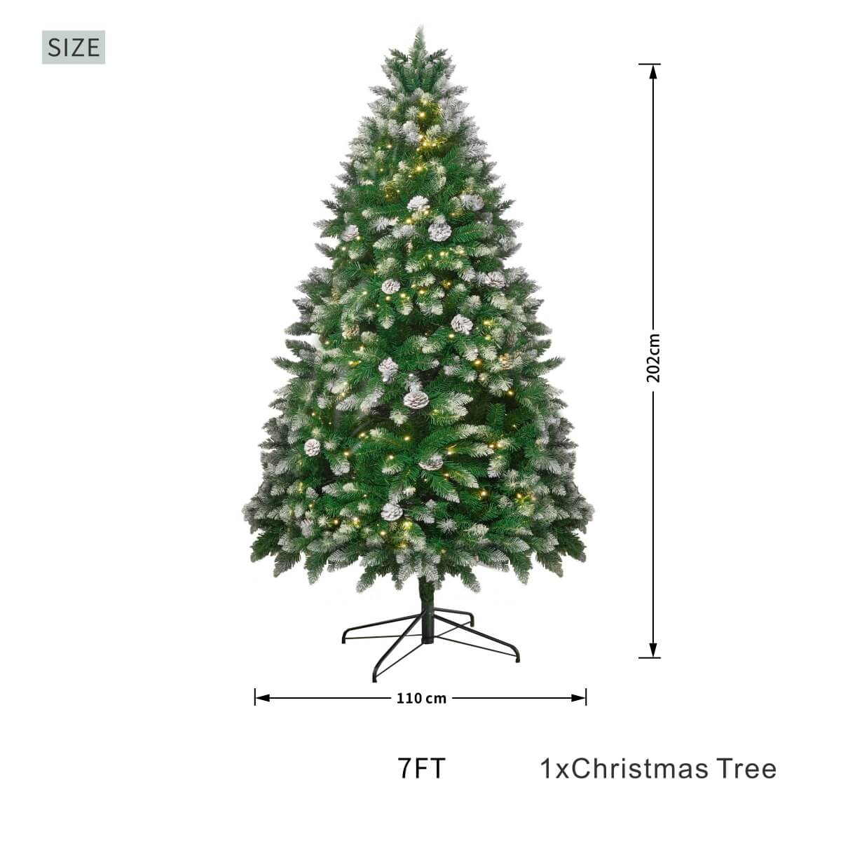 Snow Flocked Artificial Christmas Tree with Pine Cones – Pre-Lit or Unlit PVC Xmas Tree, Warm White LEDs, 5ft 6ft 7ft