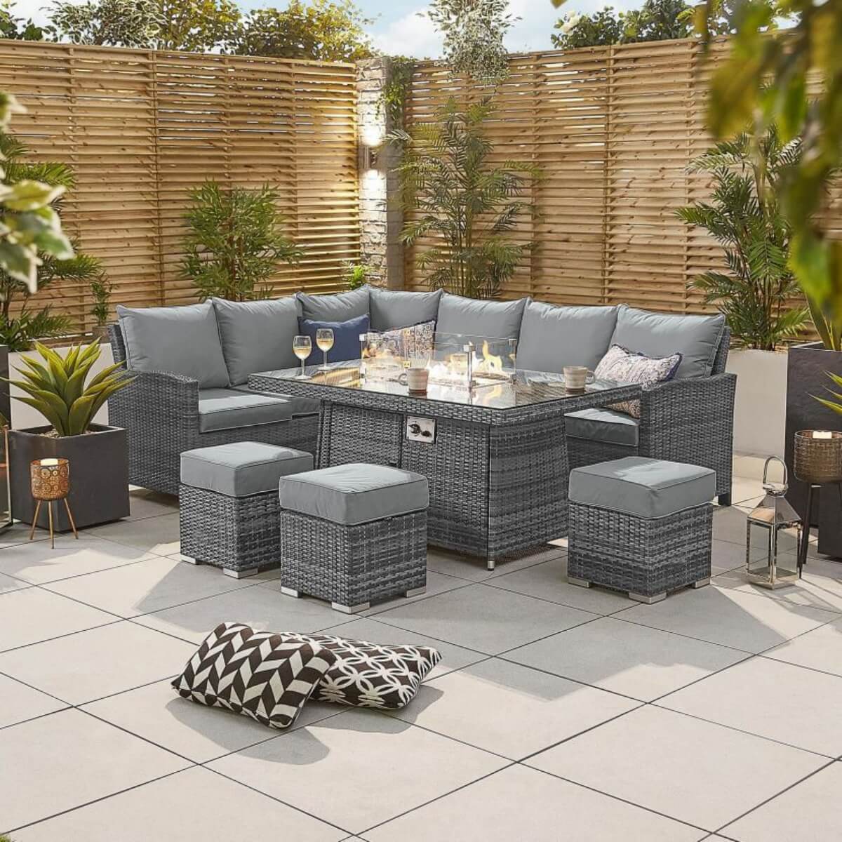 8-Seater Outdoor Corner Sofa Set with Rectangular Fire Pit Table and 3 Footstools – PAF-16591