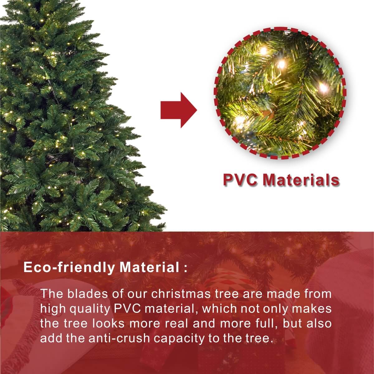 Artificial Christmas Tree – Realistic PVC Xmas Tree with Optional Pre-Lit Warm White LED Lights, 5ft 6ft 7ft, Metal Stand