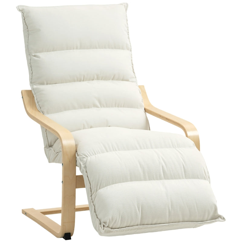 Curved Wooden Accent Chair with Adjustable Footrest, Cream White