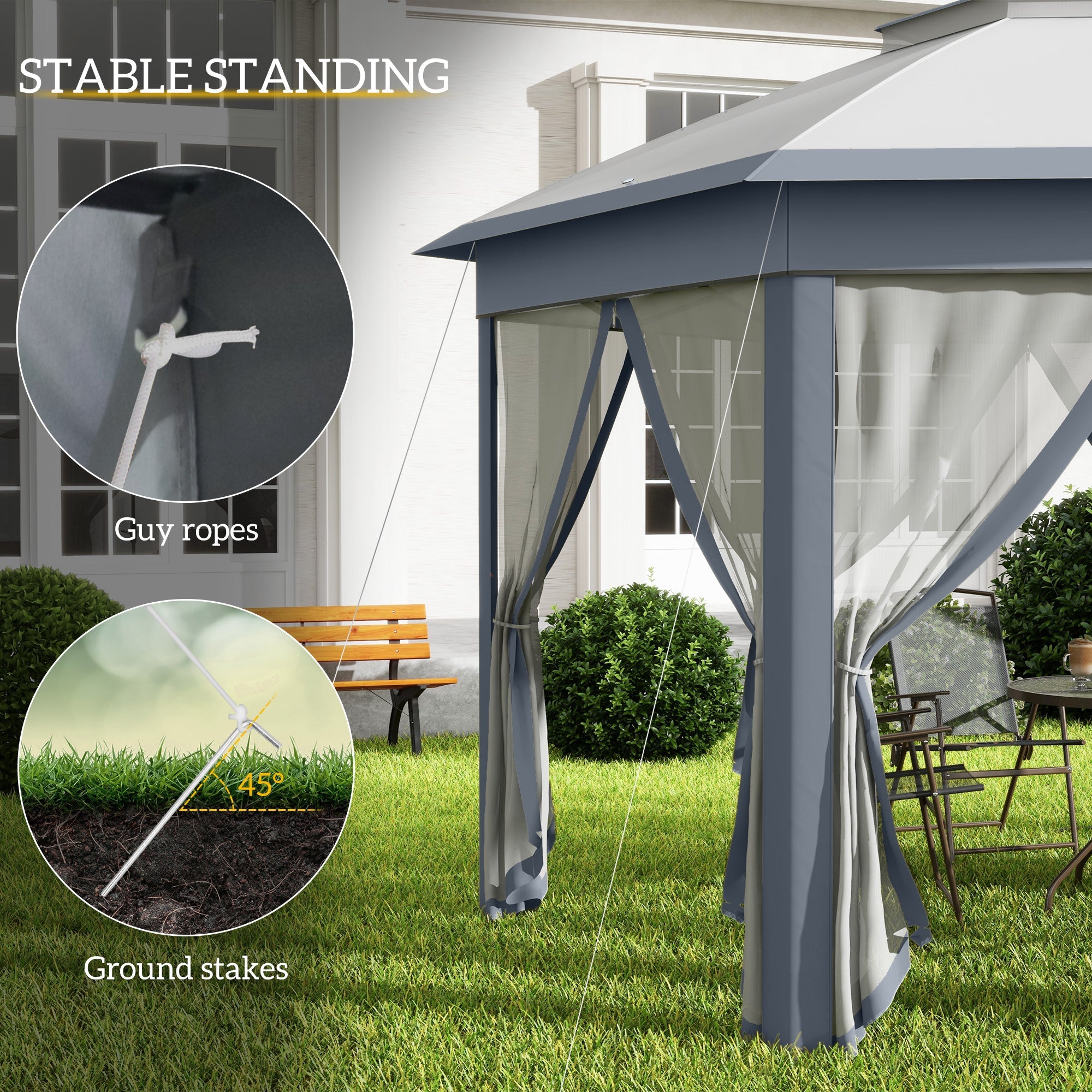 Metal Frame Hexagon Gazebo, 3 x 4m with Curtains - Grey