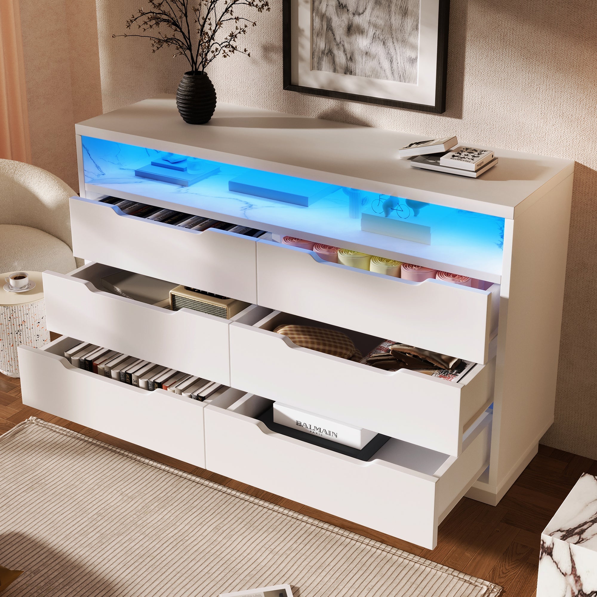 Marbled 6-Drawer Sideboard, RGB LED Lighting & Shelves, White