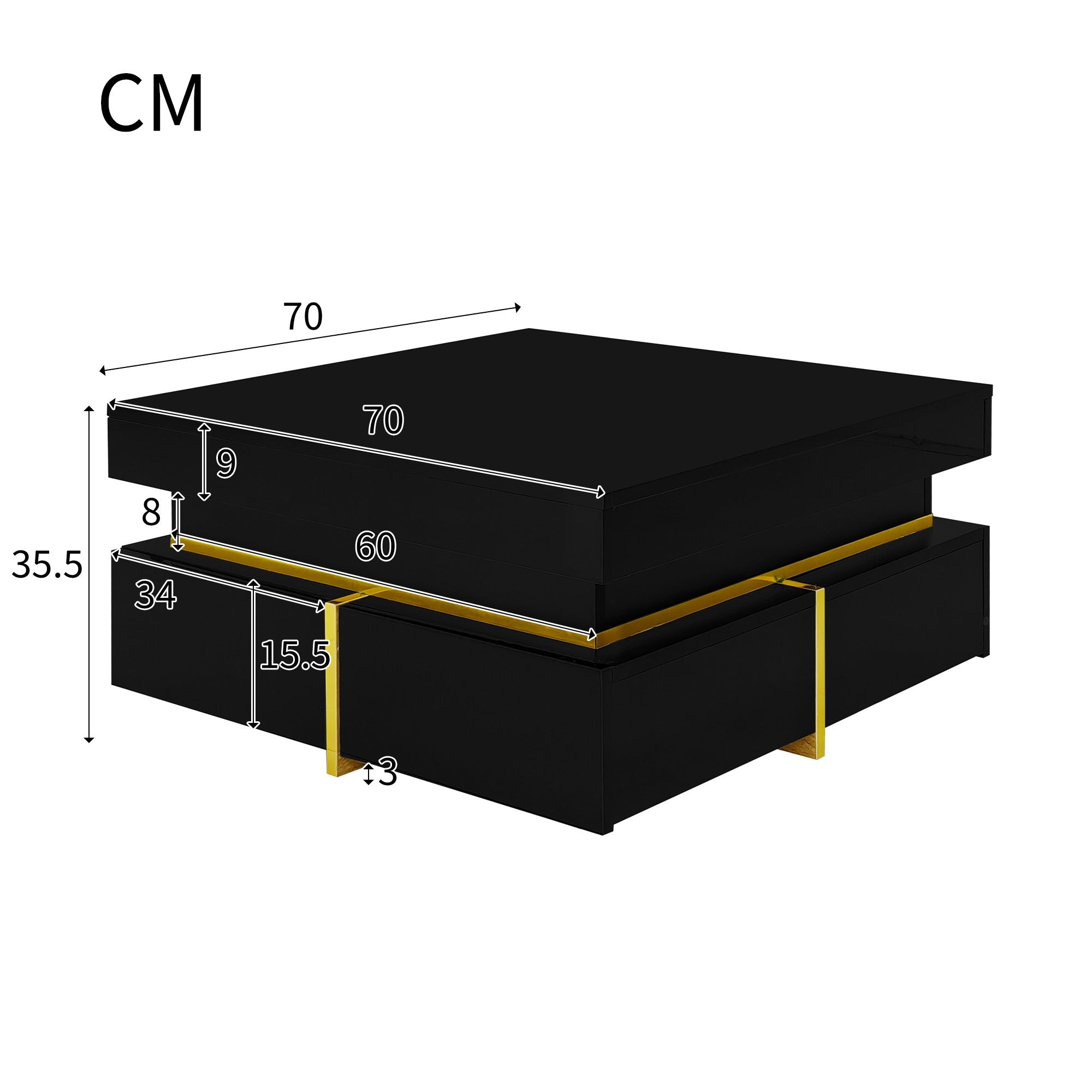 Coffee Table, High-Gloss, with Drawers, Gold Accents