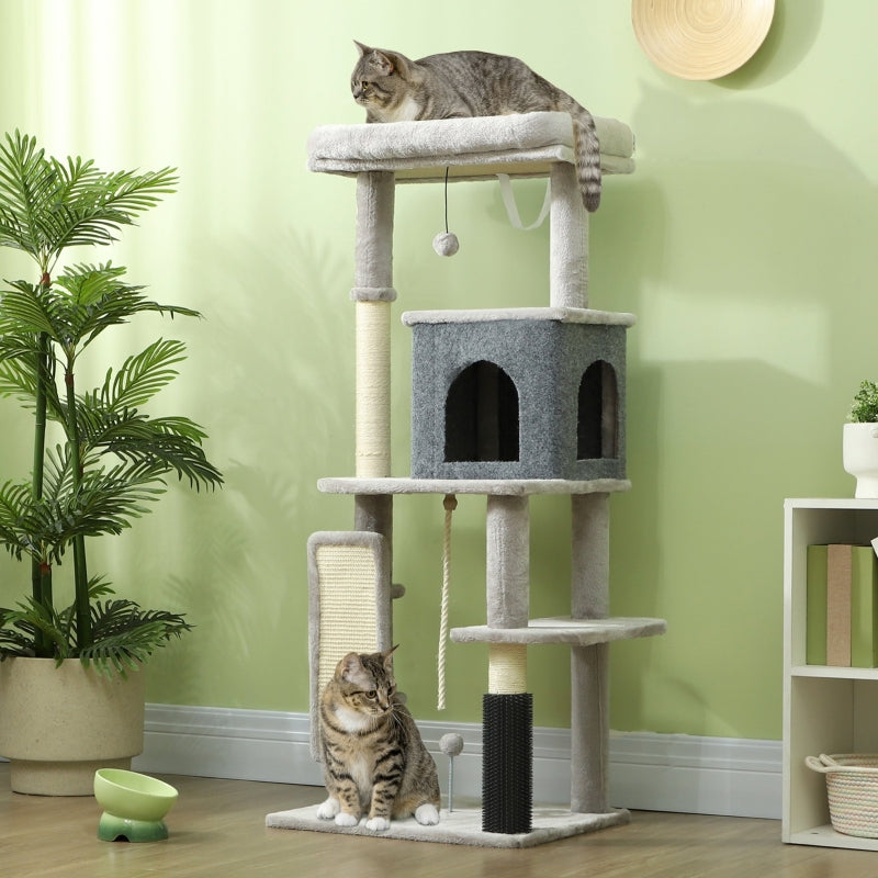 Cat Tree 132cm, with Scratching Posts, Pad, Cat Bed, Cat House, Jumping Platform, Grooming Brush, Anti-Tip Kit, Light Grey