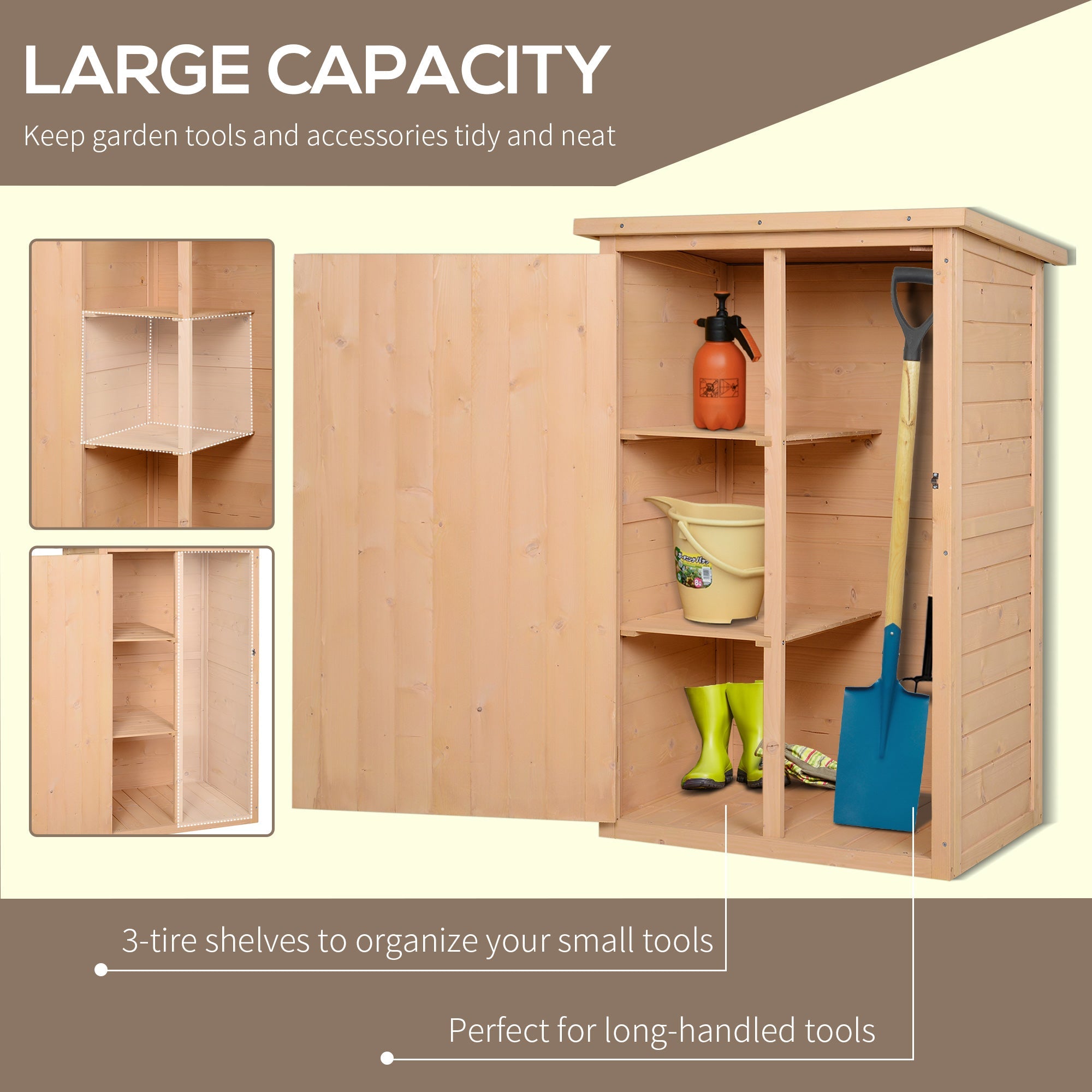 Wooden Garden Storage Shed with Shelves, Fir Wood