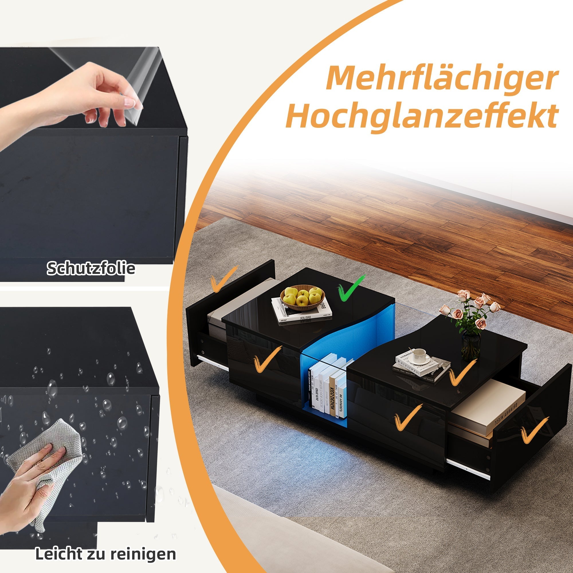 Led Coffee Table with 2 Drawer Storage, High Gloss Coffee Table for Living Room Unique Shape Centre Table with 16-Color Led Lights,End Table for Home Office Furniture, Black