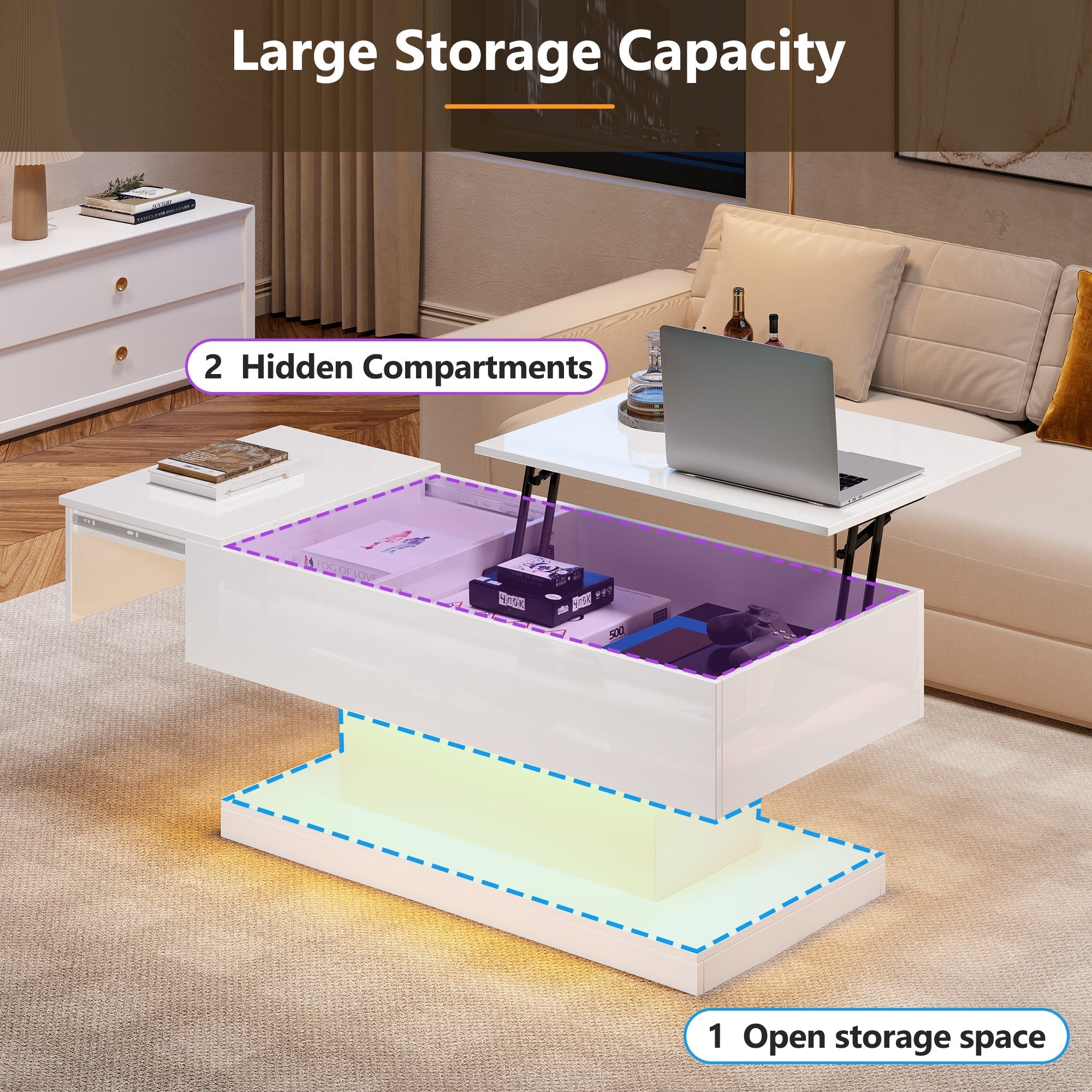High Gloss Lift Up Top Coffee Table with Storage, Extendable Desktop Dinning Table 100 x 50 x 45 cm, Height Adjustable Tabletop, Retractable Desk