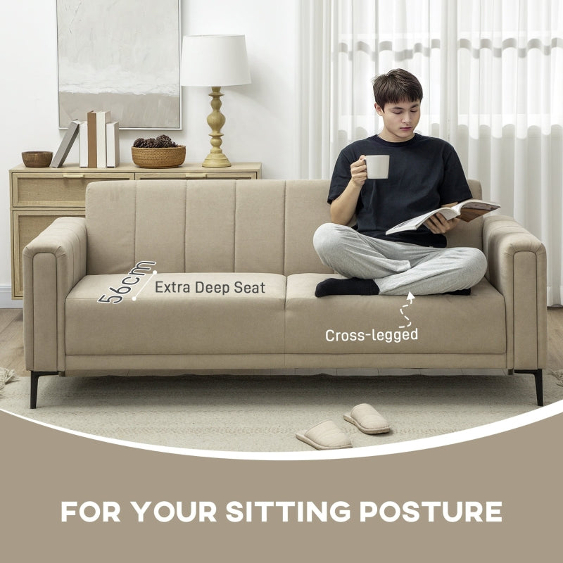 3 Seater Sofa, Modern Channel Tufted Upholstered Couch, Khaki Fabric