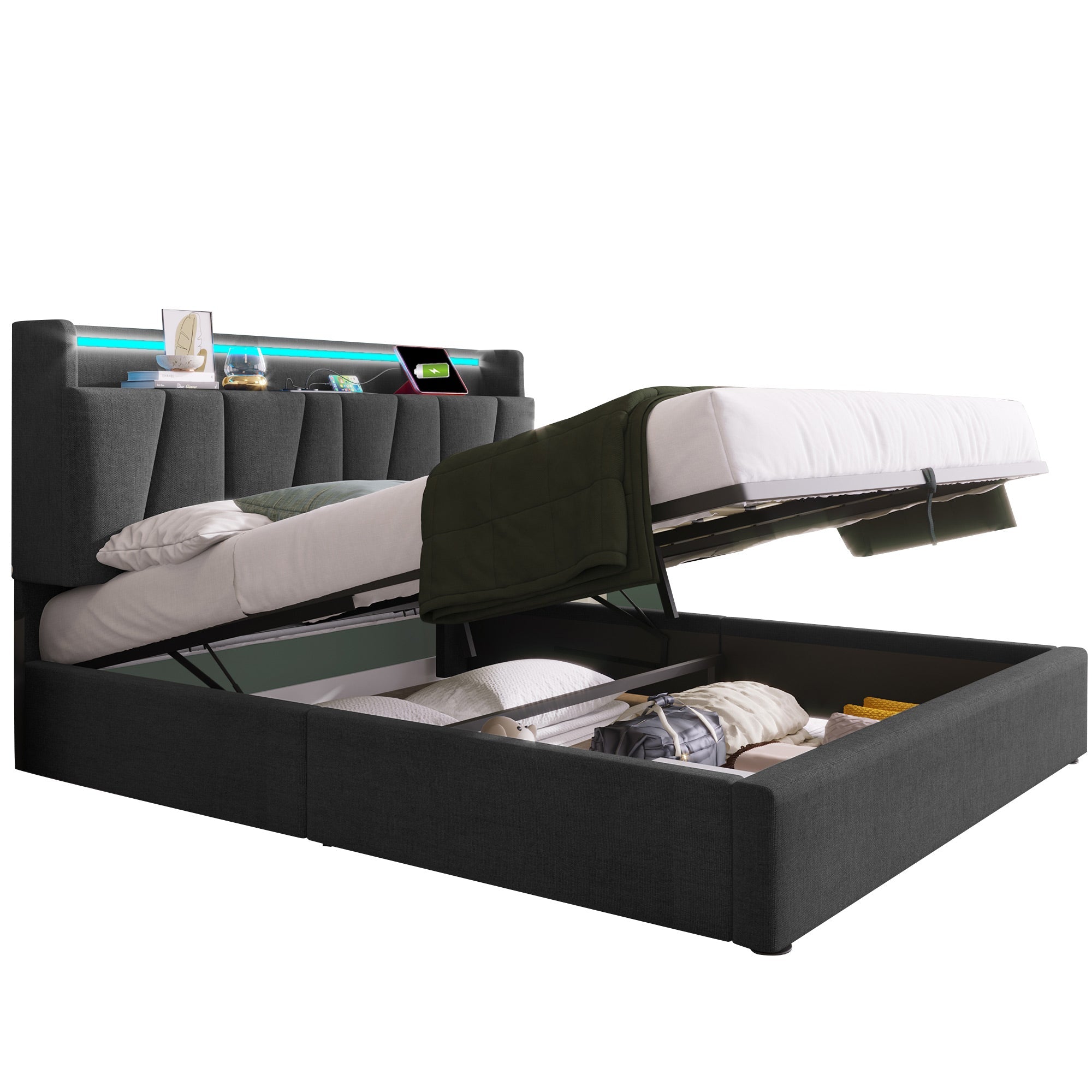 Upholstered Double Bed, USB Charging, Storage Headboard, LED Lighting, 5ft King Size, Grey