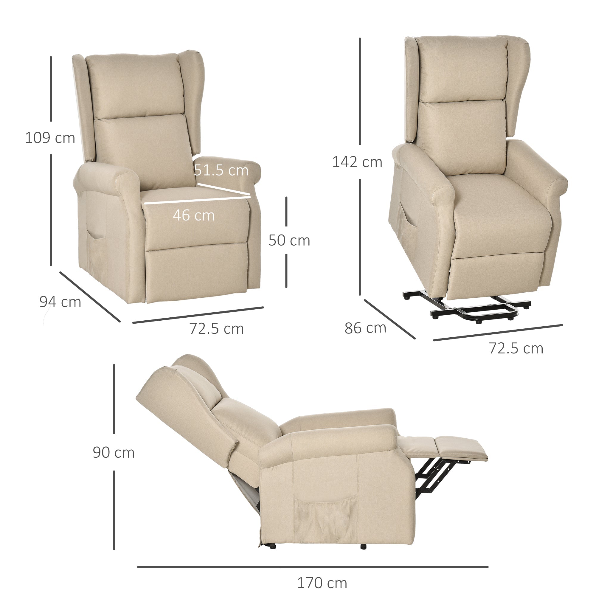 Power Lift Recliner Armchair, Electric Lift Chair with Remote Control, Side Pockets, Extended Footrest, Beige Fabric