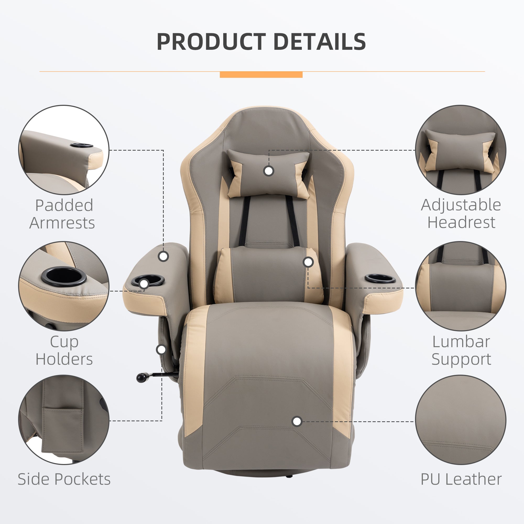 Manual Recliner Armchair with Adjustable Leg Rest, 135¡ã Reclining, 360¡ã Swivel, Grey PU Leather