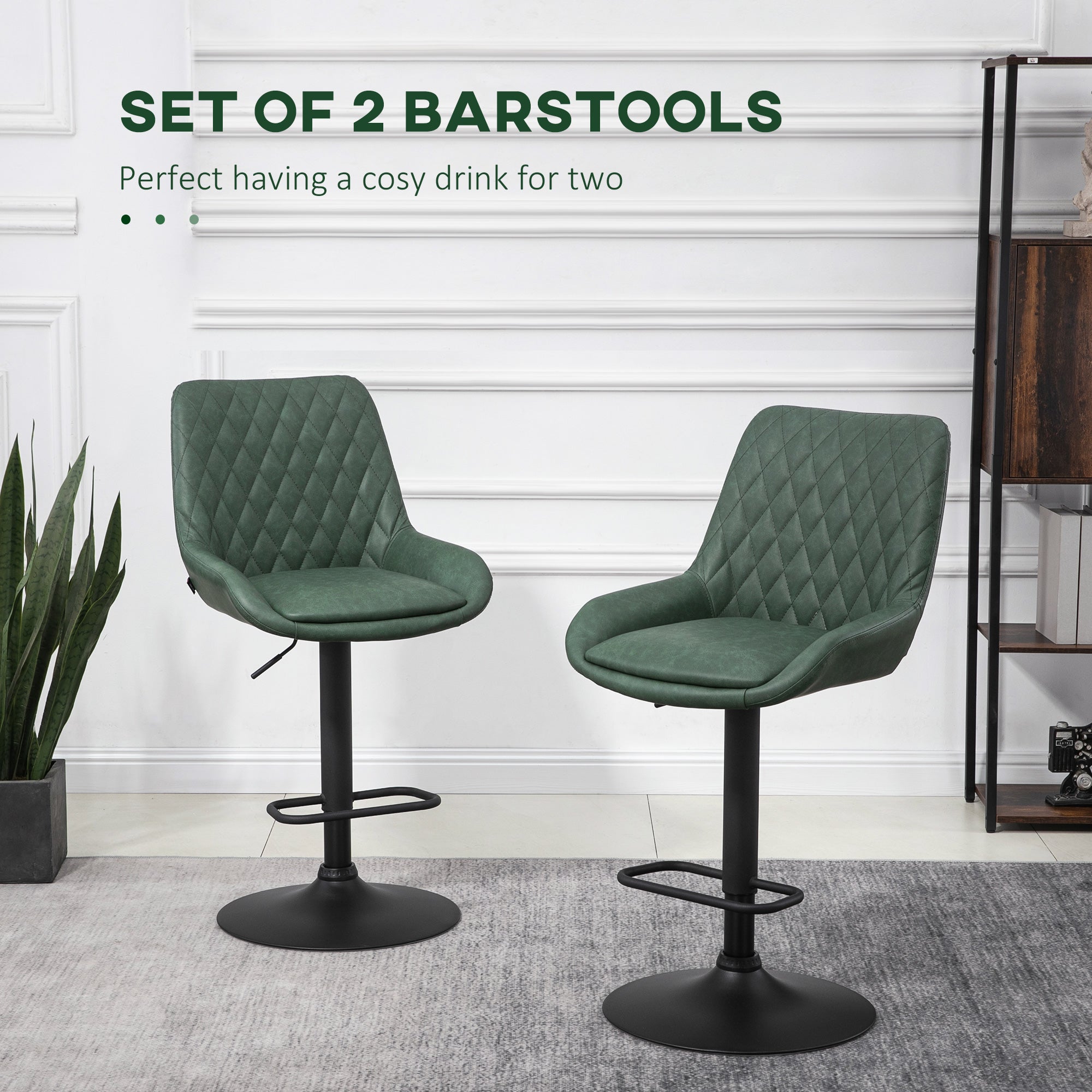 Retro Bar Stools - Adjustable Kitchen Stool, Swivel Seat, Green Upholstered