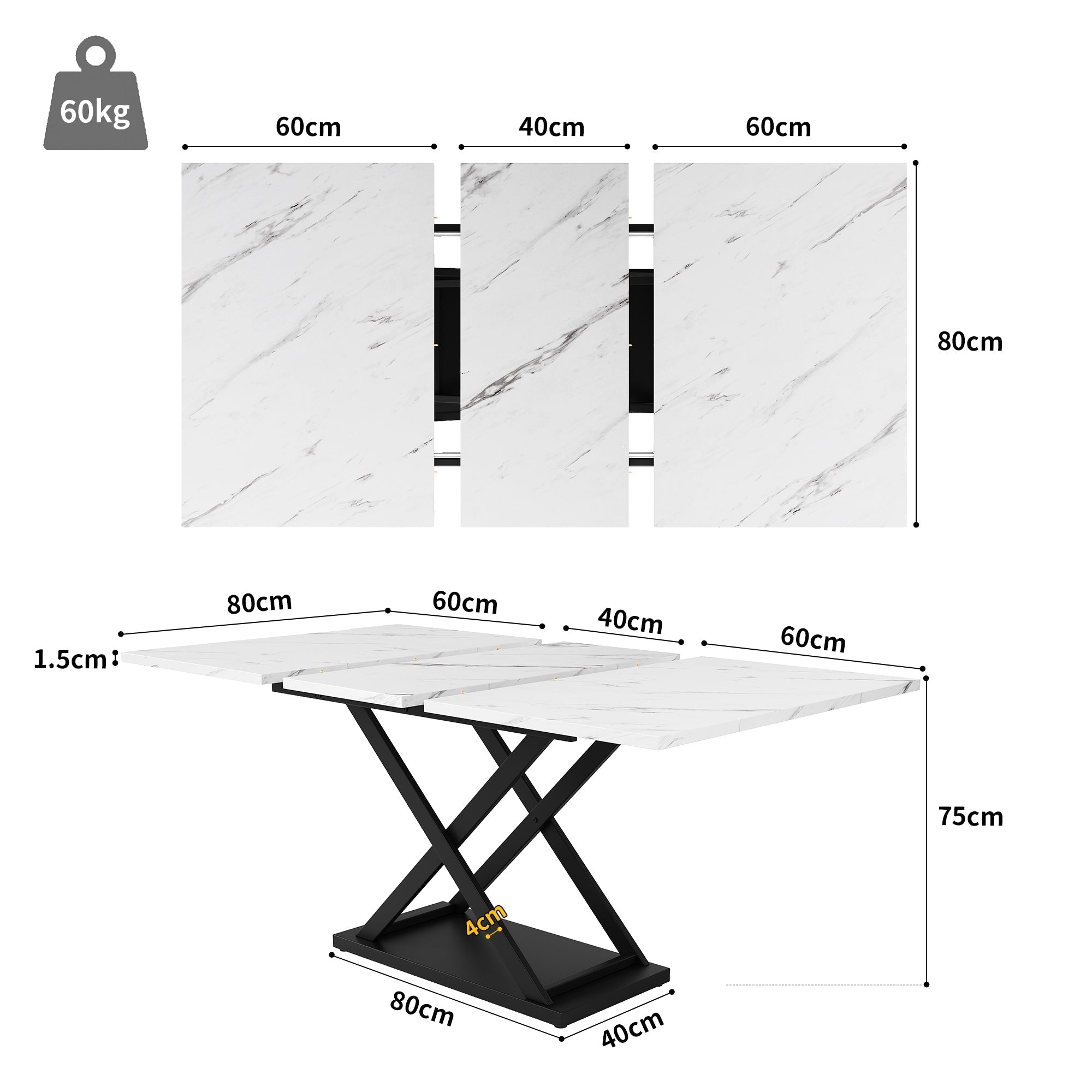 Telescopic dining table (120-160×80 cm), extendable dining table, space-saving kitchen table, black crossed iron legs, for kitchen and living room, white marble dining table