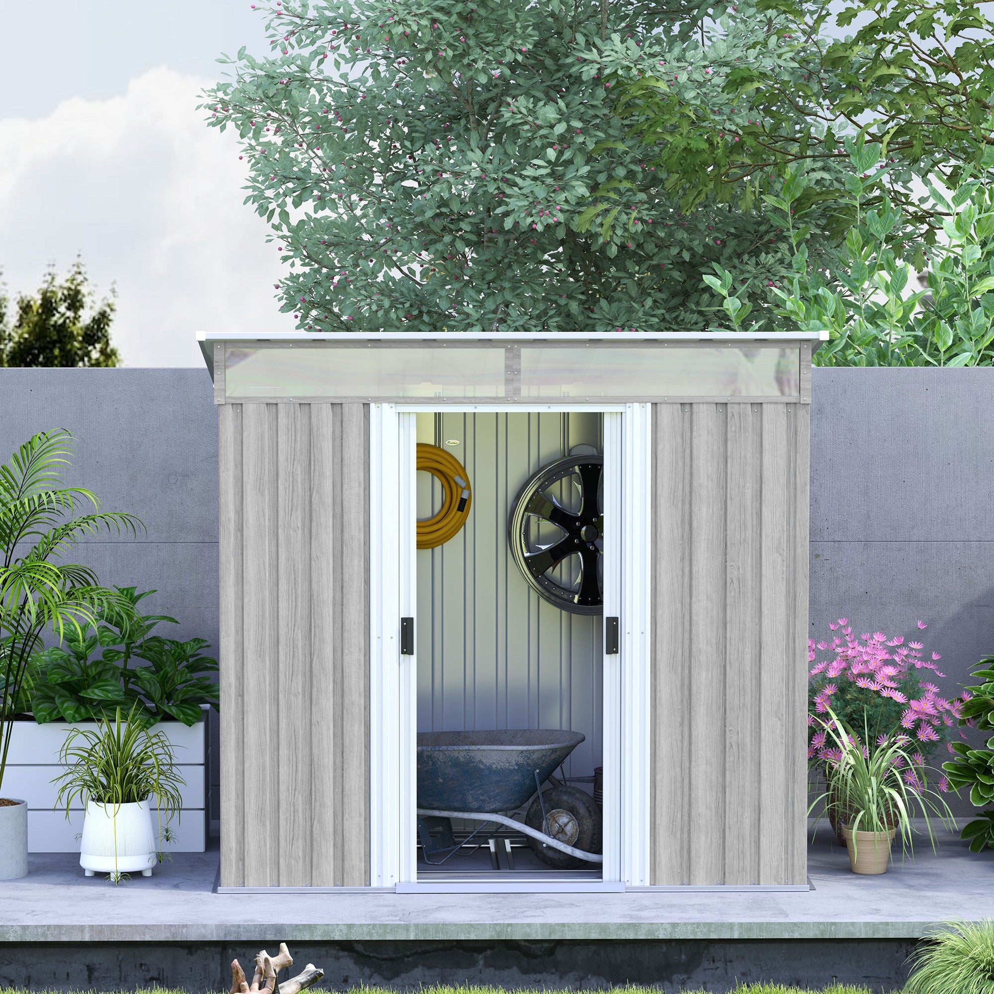 Metal Shed 6.5 x 4FT Galvanised, Lockable Tool Garden Shed with Double Sliding Doors, Vents, Light Grey Wood Effect