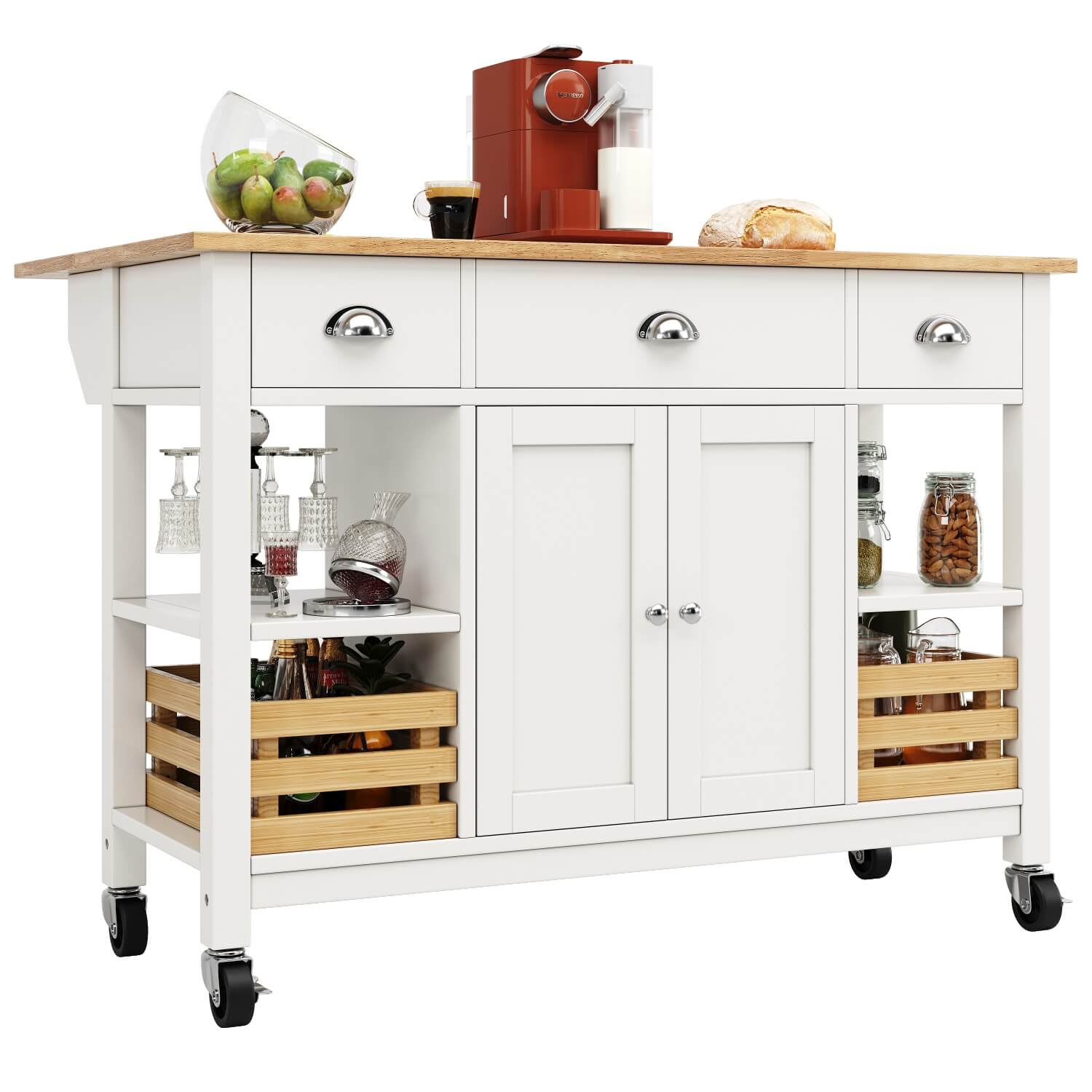 Kitchen Island Trolley on Wheels — Storage Cabinet with 3 Drawers, Adjustable Shelf & Spice Rack