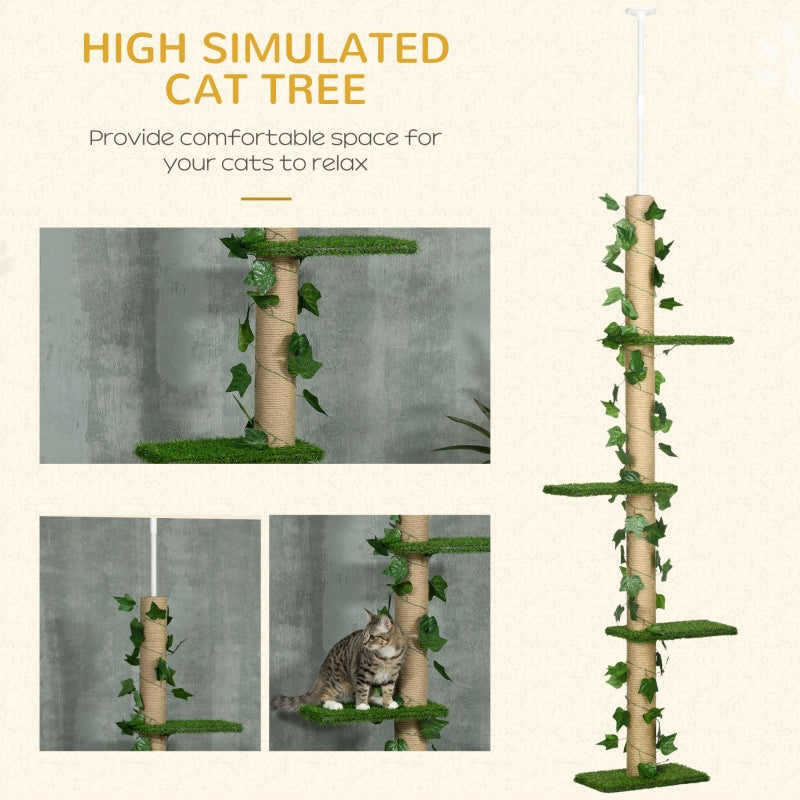 Cat Tree, 242cm Adjustable Floor-To-Ceiling with Perches, Anti-Slip Kit - Green