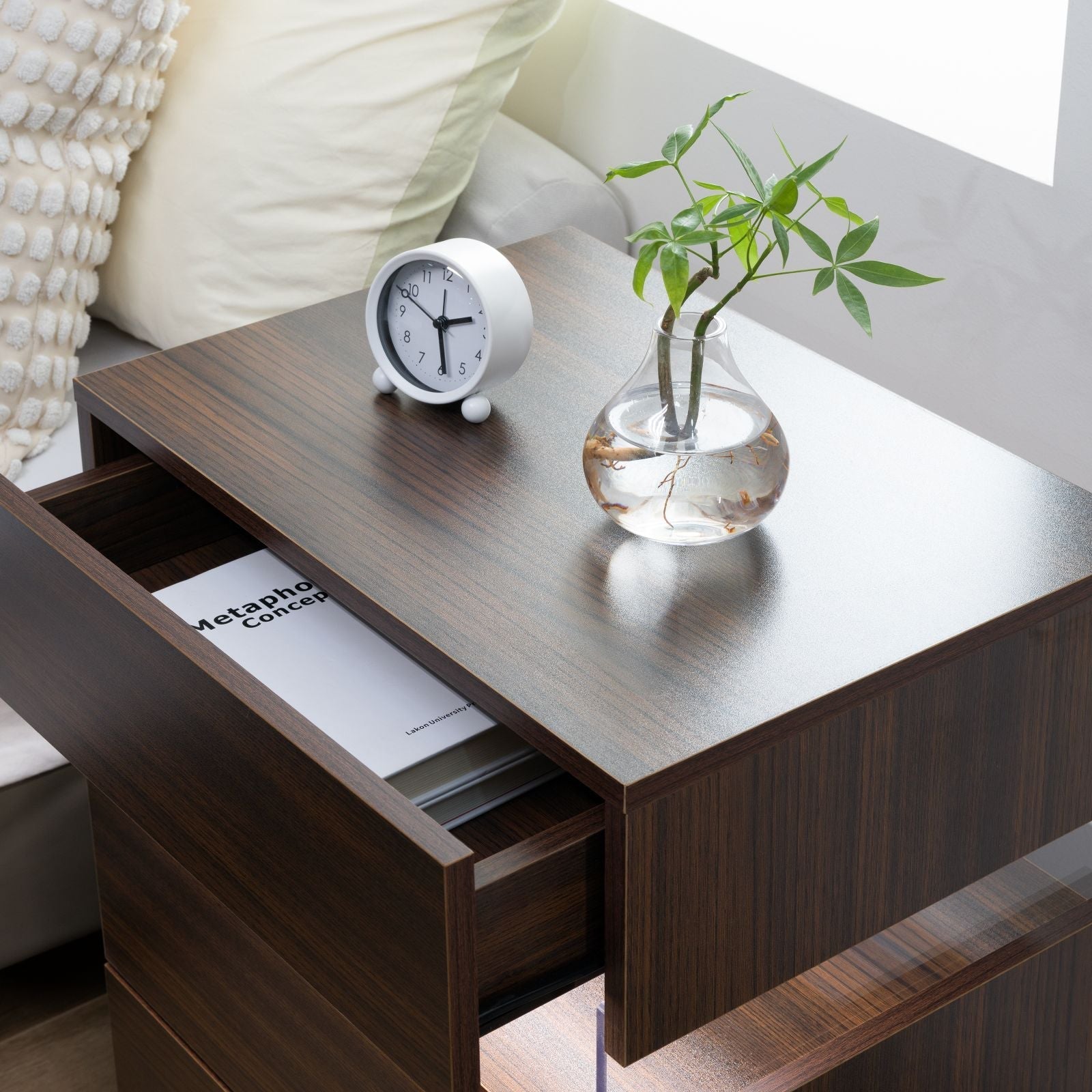 LED Nightstands: Acrylic Board LED Bedside Tables for Bedroom End Table with 3 Drawer Dresser, Walnut Material