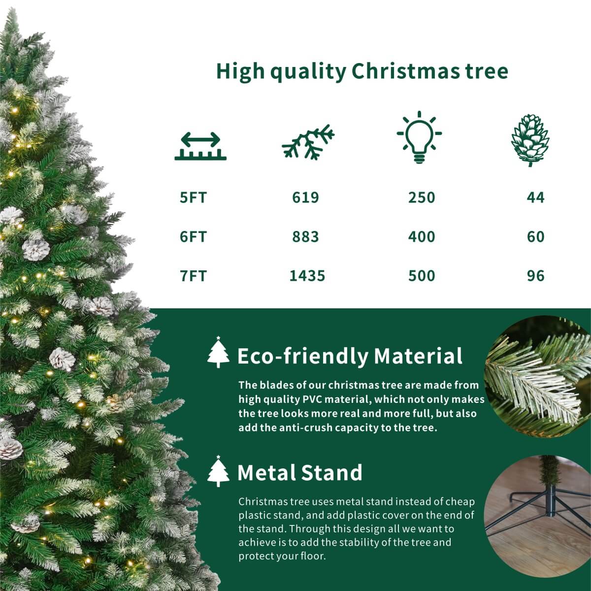 Snow Flocked Artificial Christmas Tree with Pine Cones – Pre-Lit or Unlit PVC Xmas Tree, Warm White LEDs, 5ft 6ft 7ft