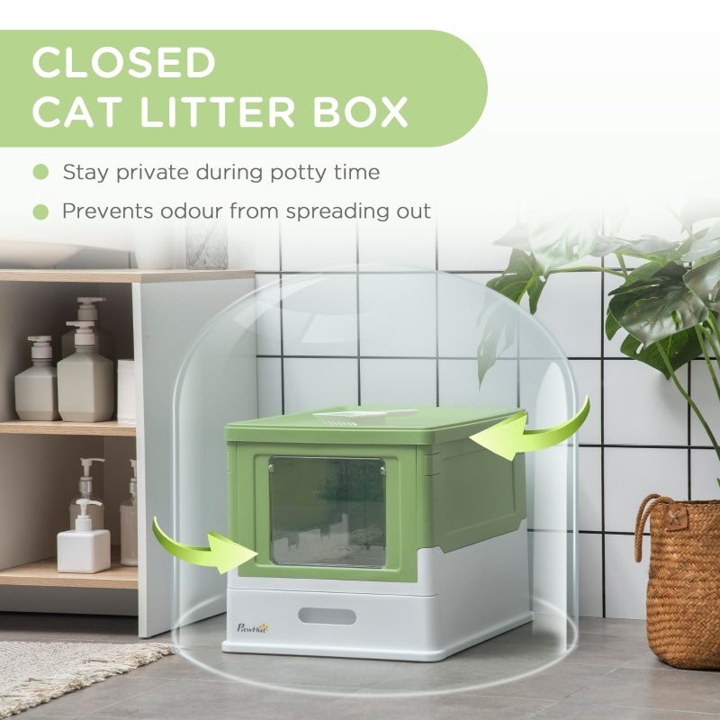 Hooded Cat Litter Box, Portable, with Scoop, Front Entry - Light Green