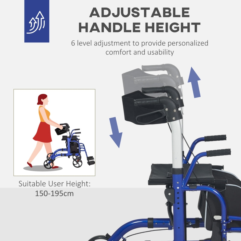 2 in 1 Wheelchair Transport Chair & Folding Rollator Walker with Seat, Backrest, Footrest, Lightweight, Adjustable Height, Pearl Blue