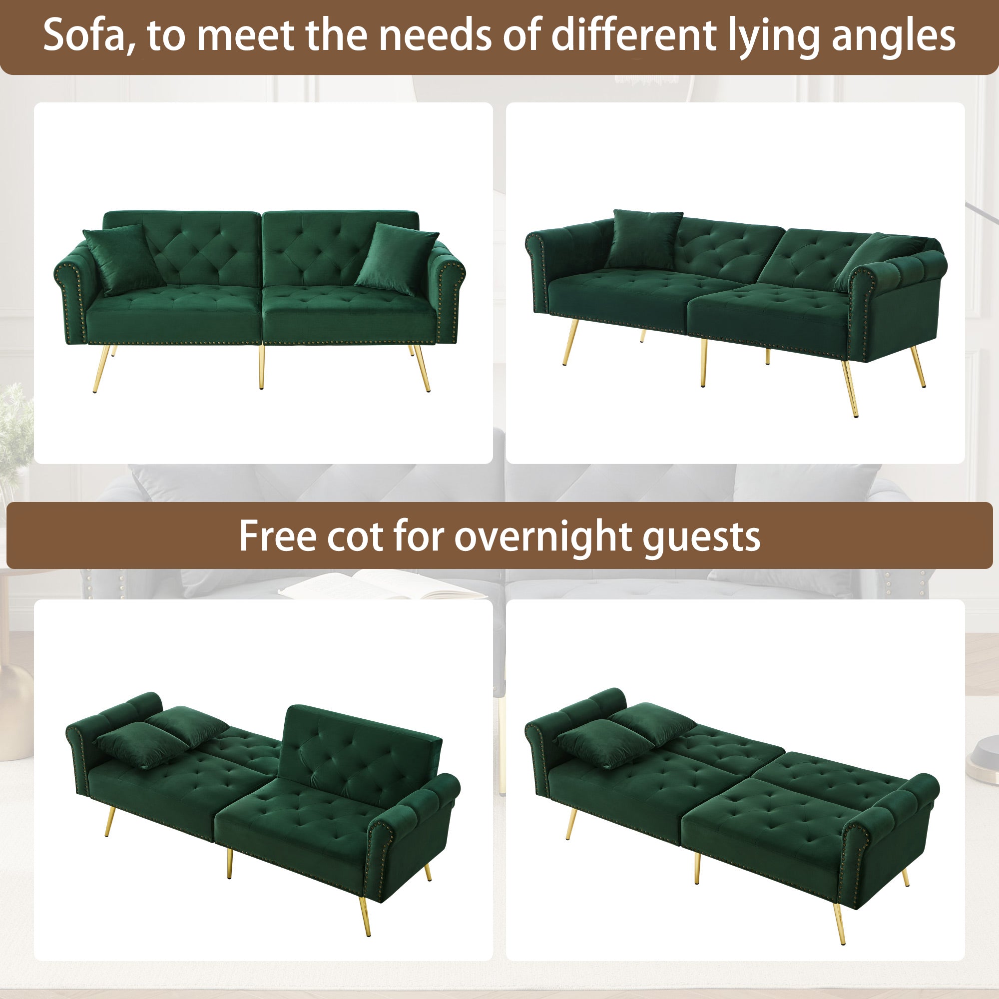 Modern 2-Seater Sofa Bed with 3-Stage Adjustable Backrest, Velvet Upholstery Green
