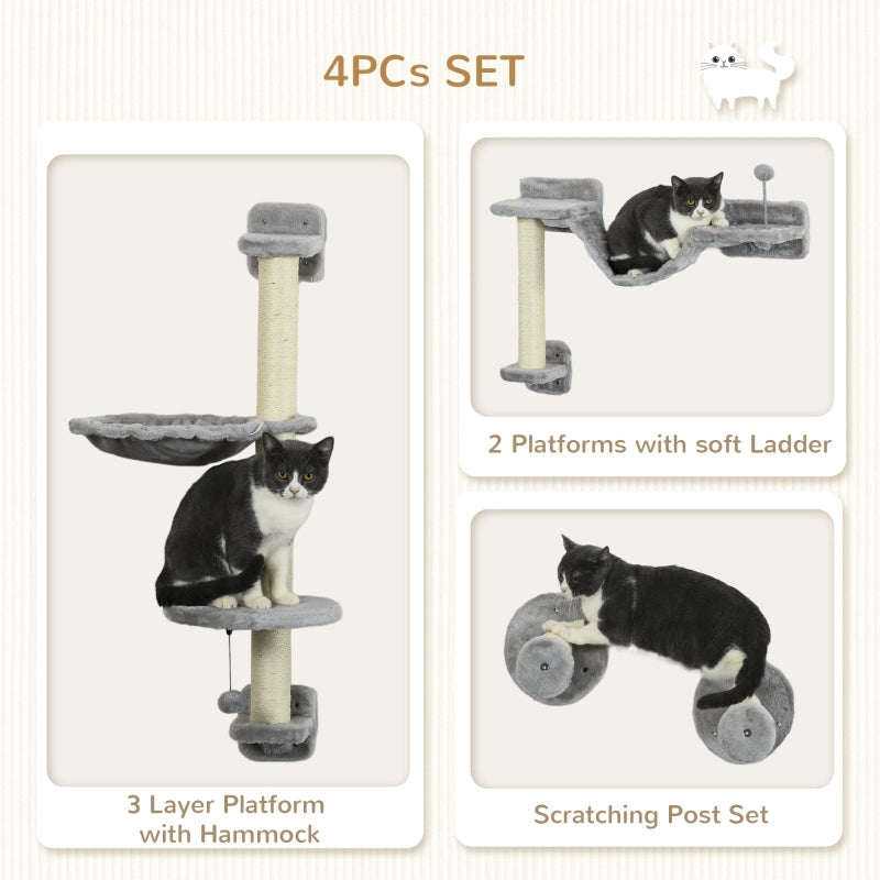 Cat Wall Furniture, Four-Piece, Hammock, Perches, Ladder, Scratching Post, Grey