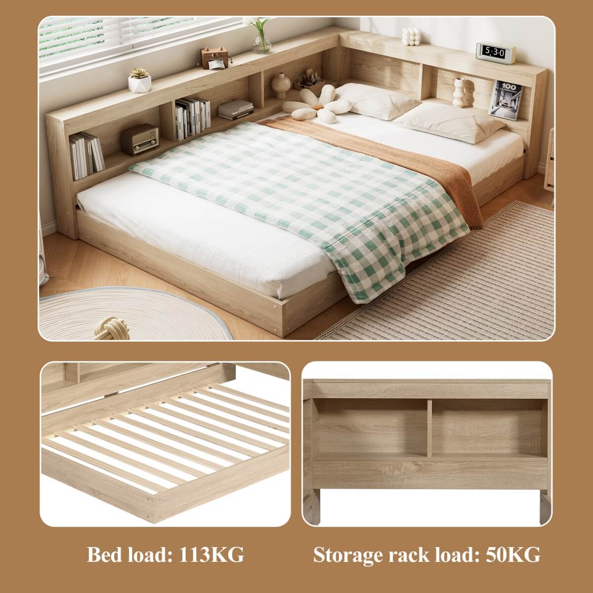 4FT6 Double Storage Bed – White Oak Bed Frame with Ample Storage