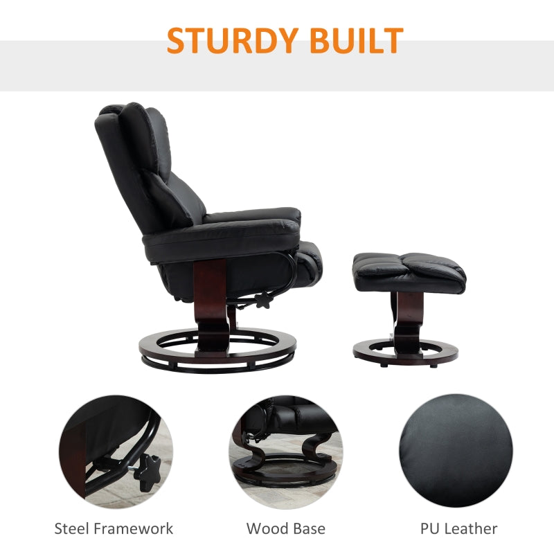360¡ã Swivel Recliner Chair with Footstool, Manual Recliner Armchair, Black PU Leather