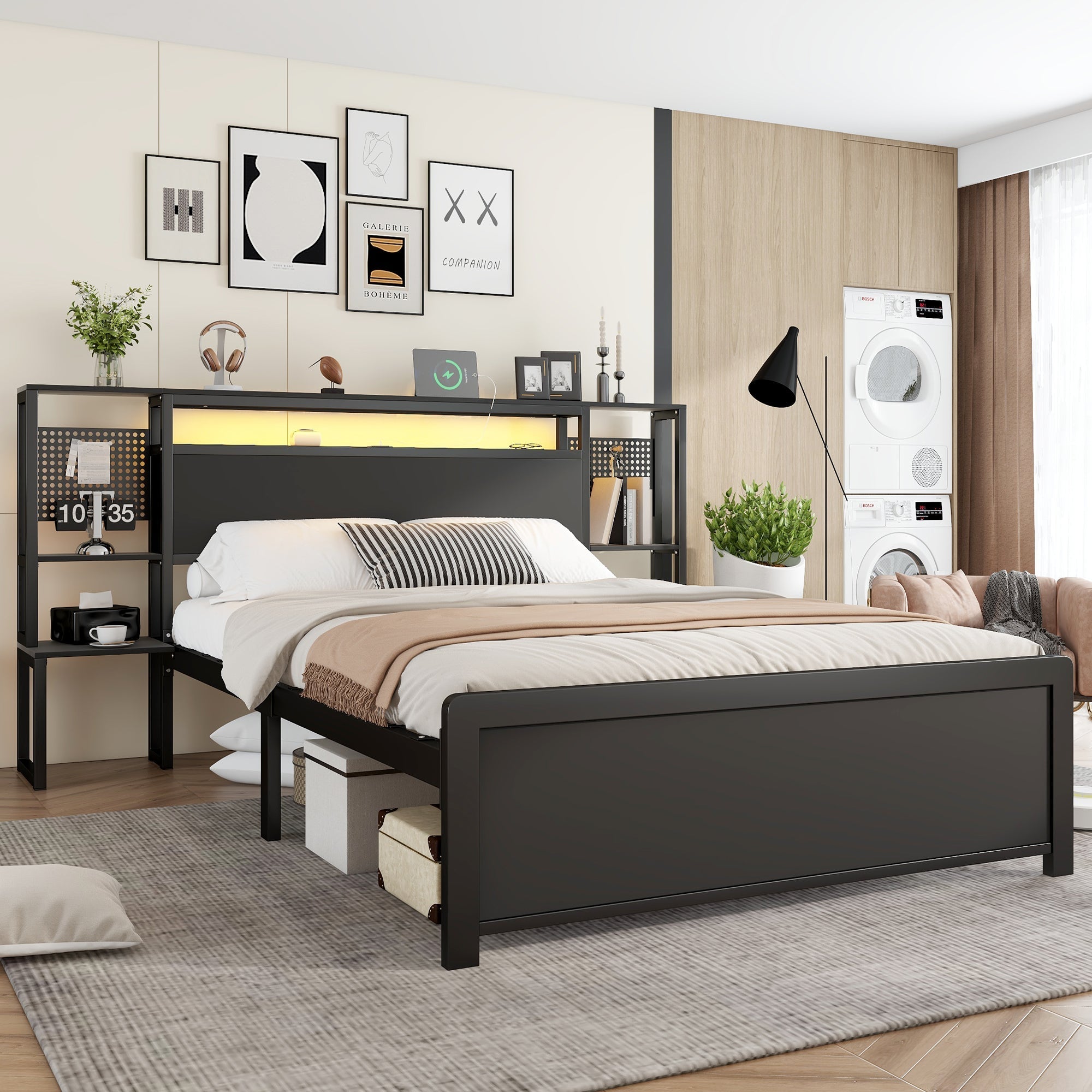 Metal Iron Bed 4ft6 Double 135x190cm with LED Lights & Charging Ports (2A/1C), One-Piece Bedside Table, Black