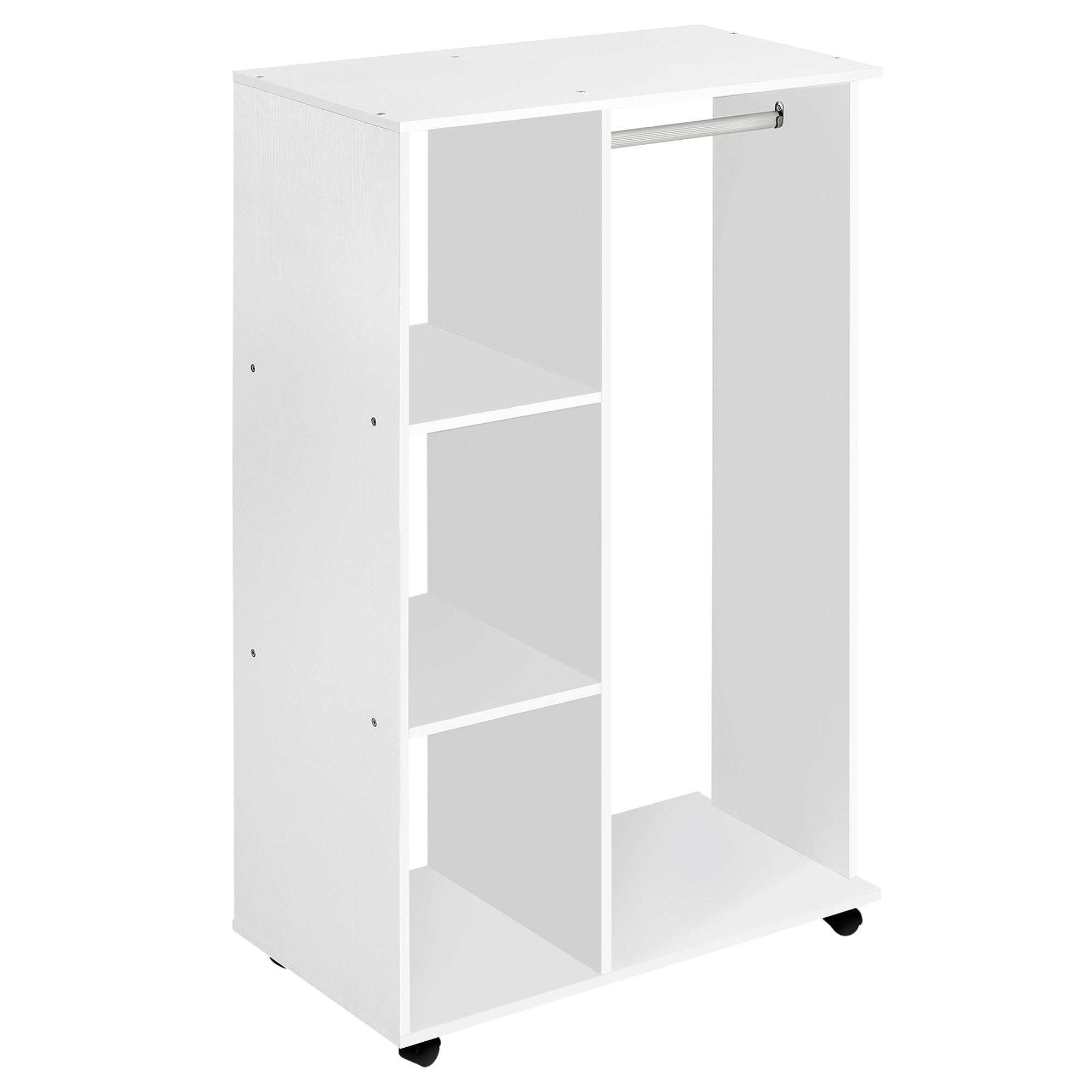 Open Wardrobe on Wheels, Clothes Rail & 3 Shelves, White