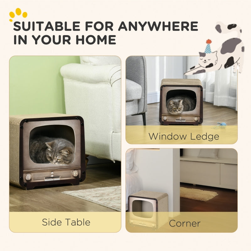 TV Shape Cat Scratching Board House, 2-in-1, with Catnip for Indoor Cats, Brown