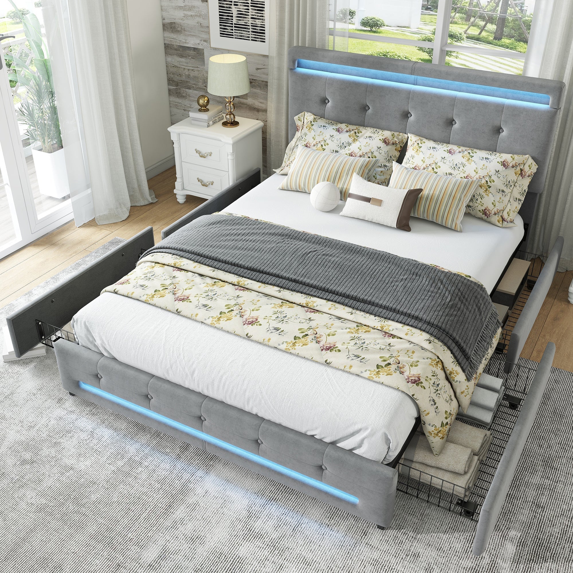 Upholstered Storage Bed with Soft Backrest, 4 Drawers, LED Light Strips, Grey Velvet