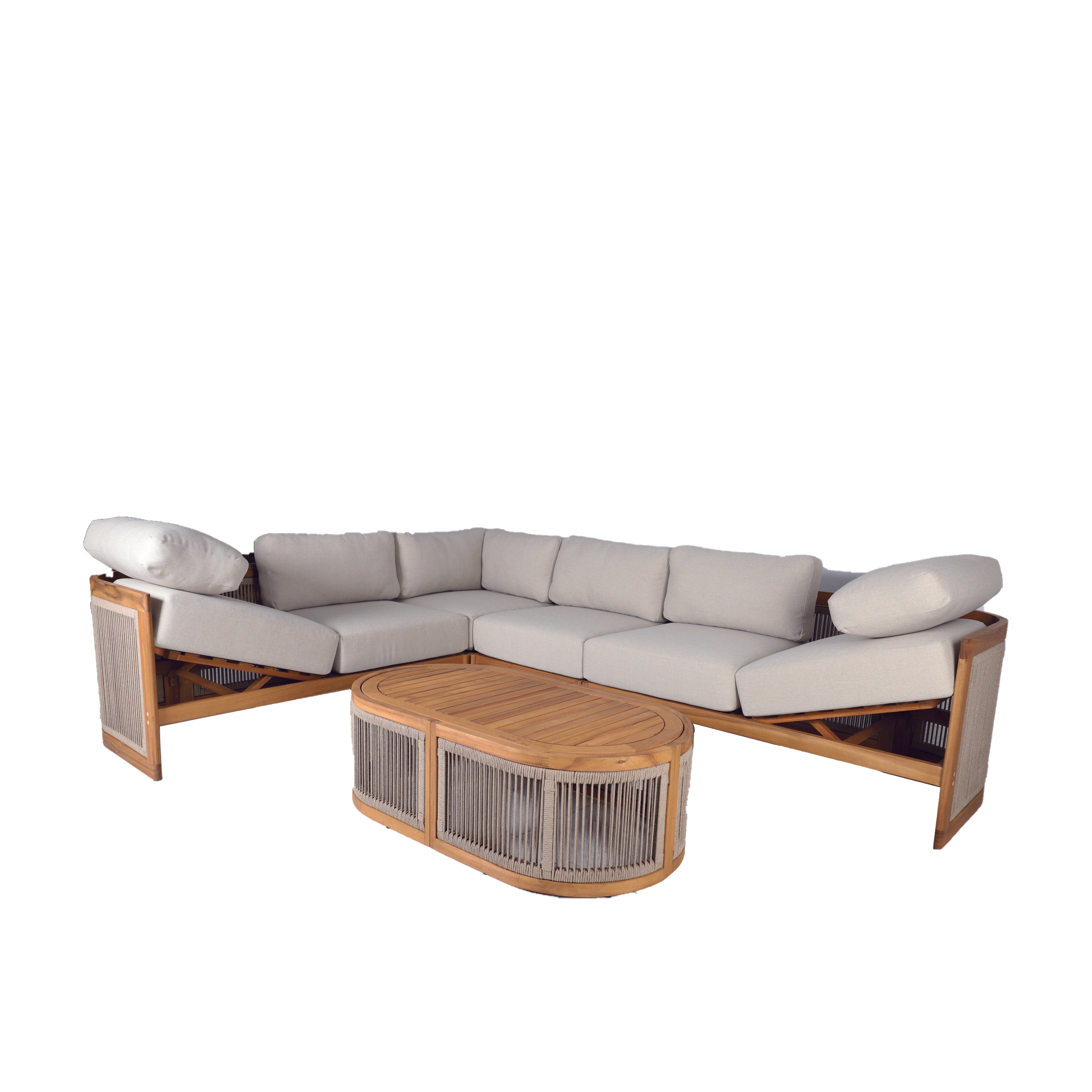 L-Shape 5-Seat Solid Acacia Modular Sofa Set with Cushions ¨C  Lounge Configuration (PAS-2516-LS+CS+MS+RS+OTA)