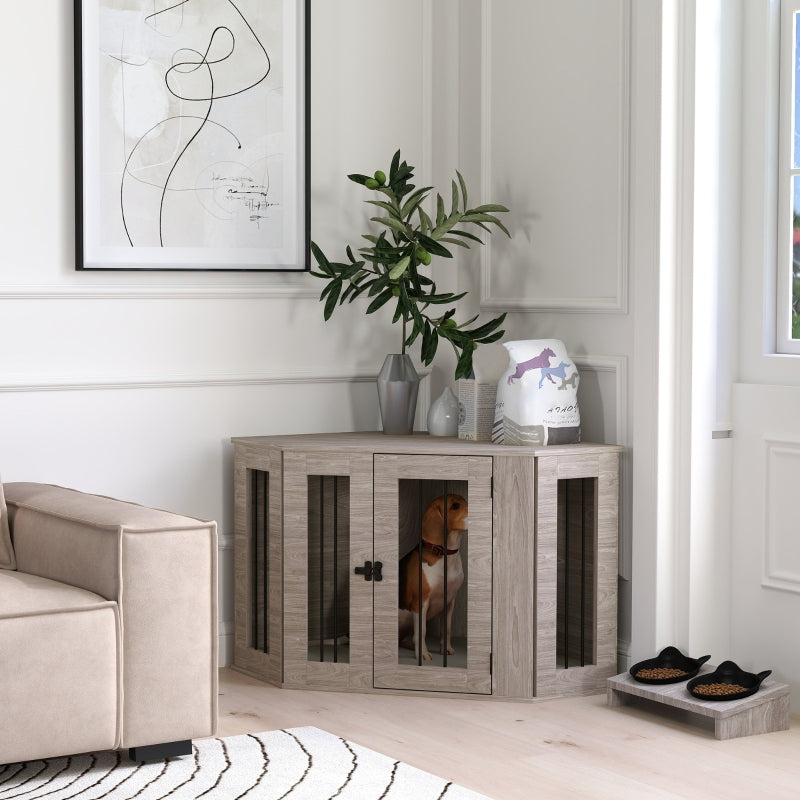 PawHut Dog Crate Side Table with Cushion, 104 x 55 x 63cm - Walnut Brown