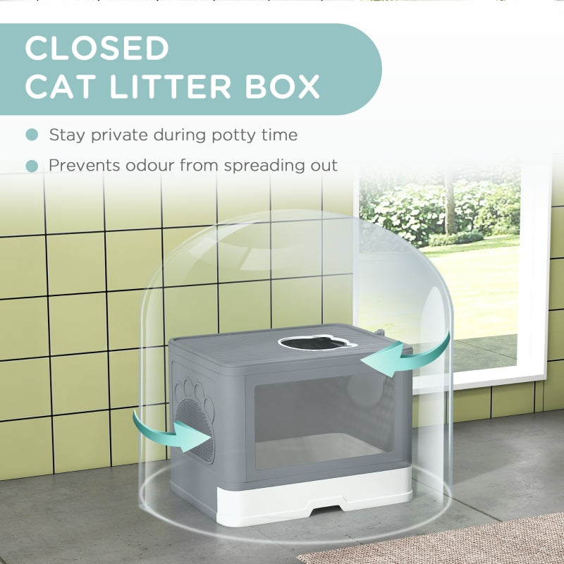 Enclosed Cat Litter Box with Lid, Front Entry, Top Exit, Drawer, Tray, Scoop, Brush - Grey