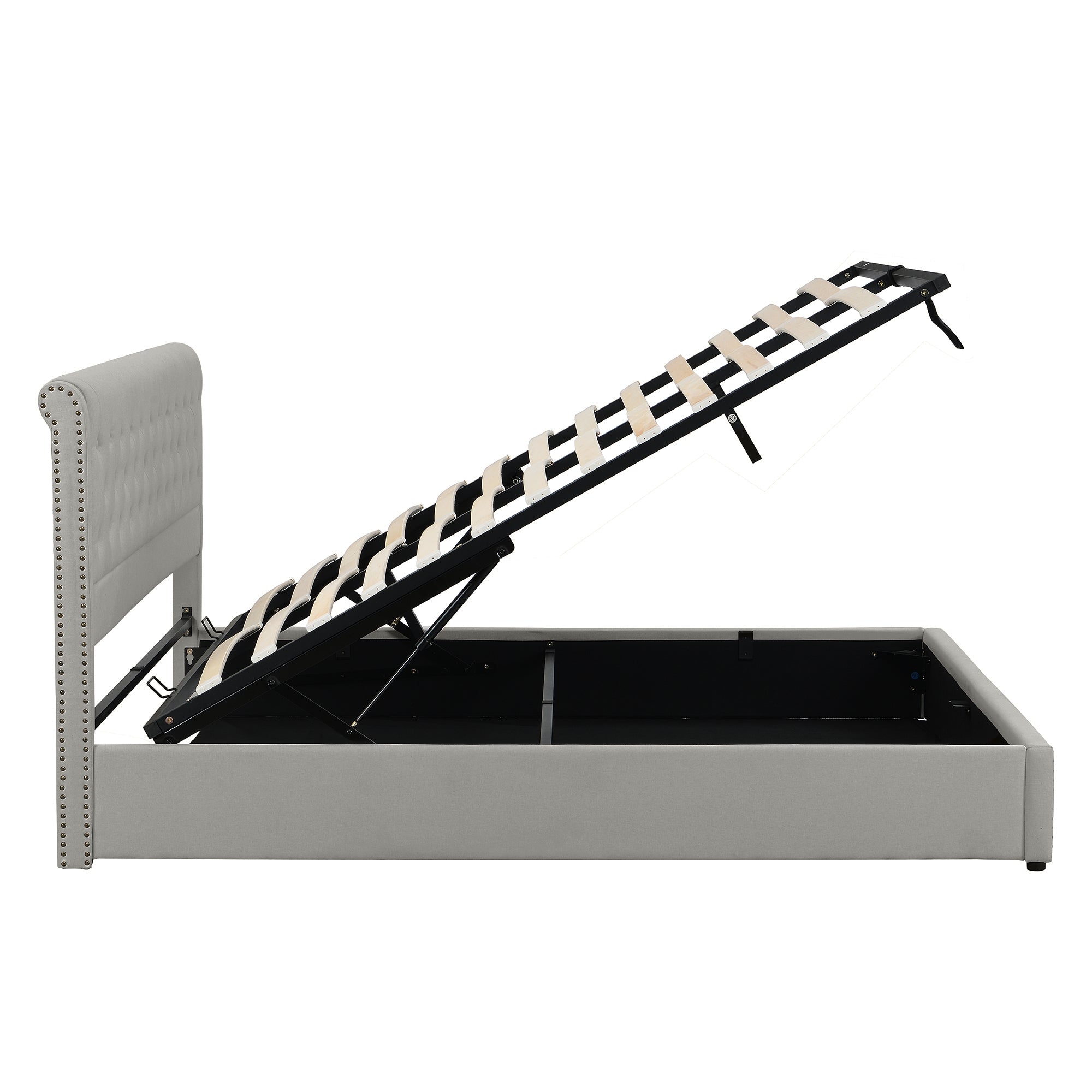 Upholstered Bed, Super King Size 6ft (180x200cm), Hydraulic Storage with Rivet Decoration, Light Grey Linen