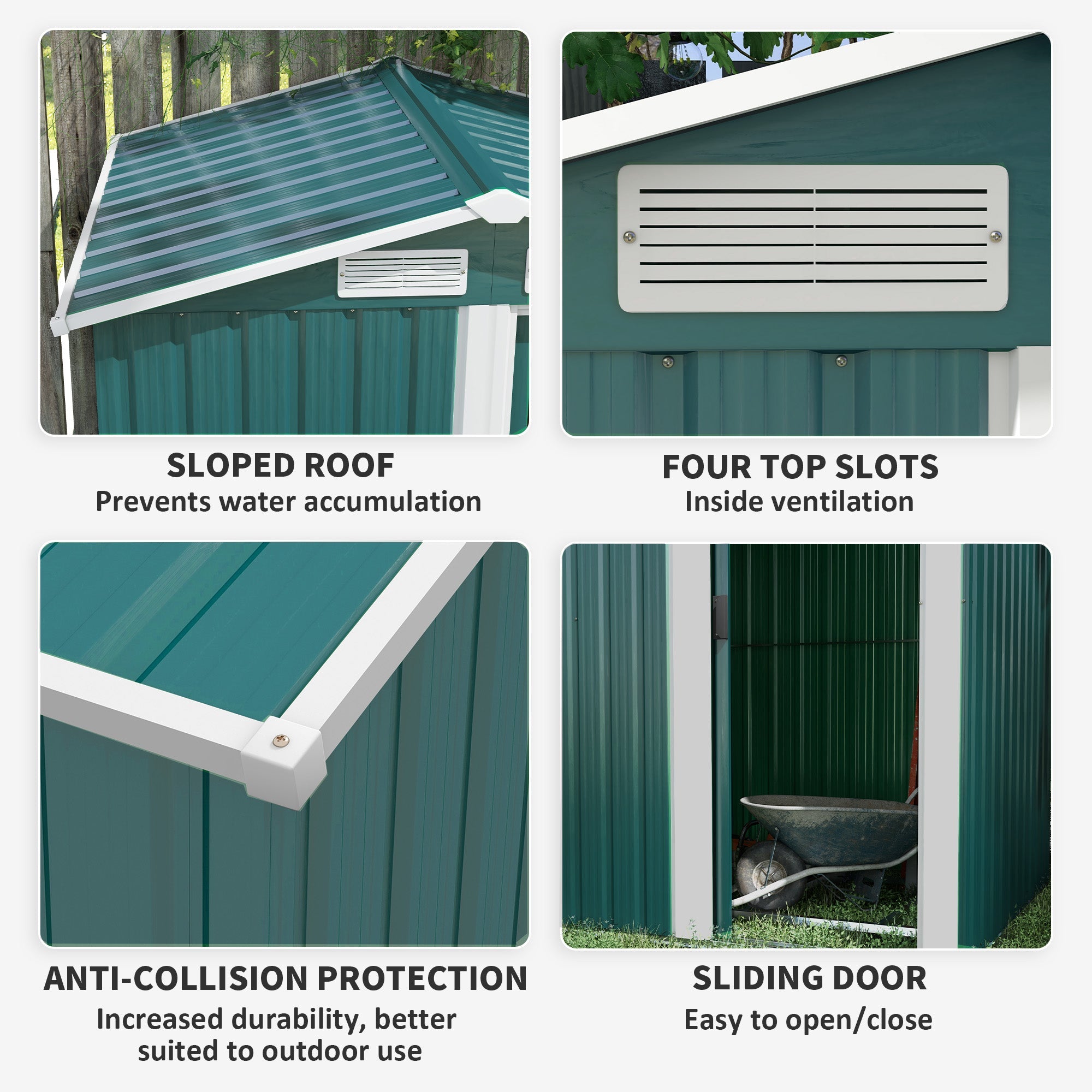 Garden Metal Tool Storage Shed with Sliding Door, Sloped Roof and Floor Foundation, Green