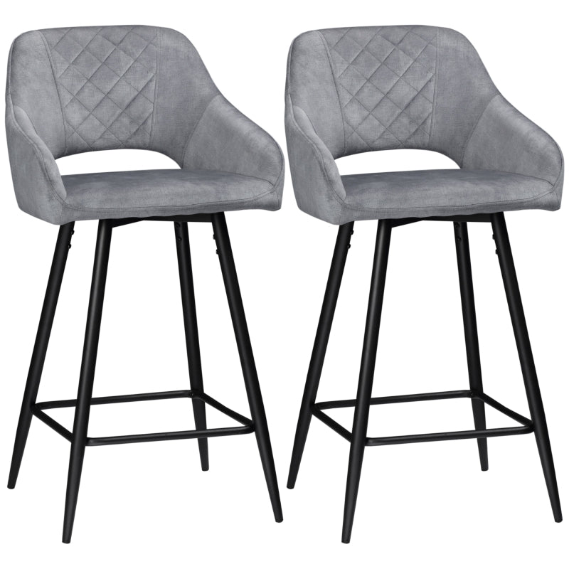 Bar Stools Set of 2, Counter Height with Steel Legs, Velvet-Touch Fabric Grey