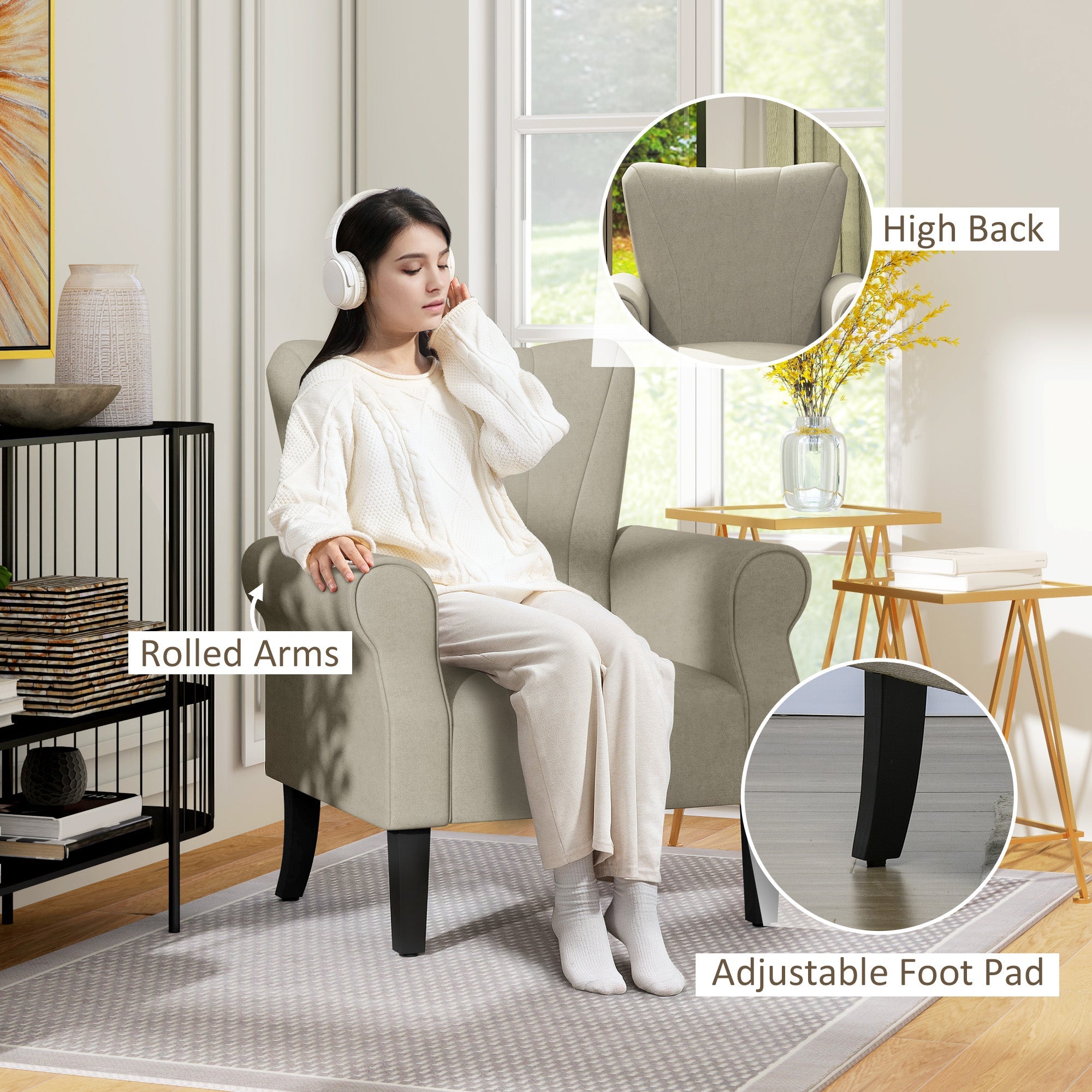 Upholstered Accent Chair with Rolled Arms and Wood Legs, Beige