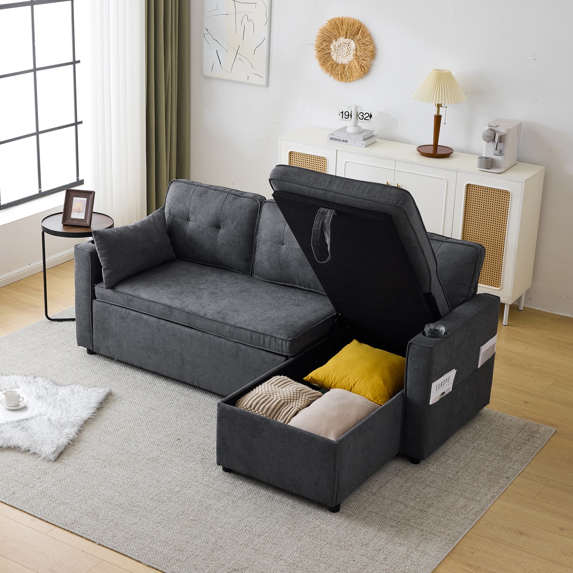 3-in-1 Convertible Sofa Bed with Storage Chaise, Cup Holders, Pillows - Grey