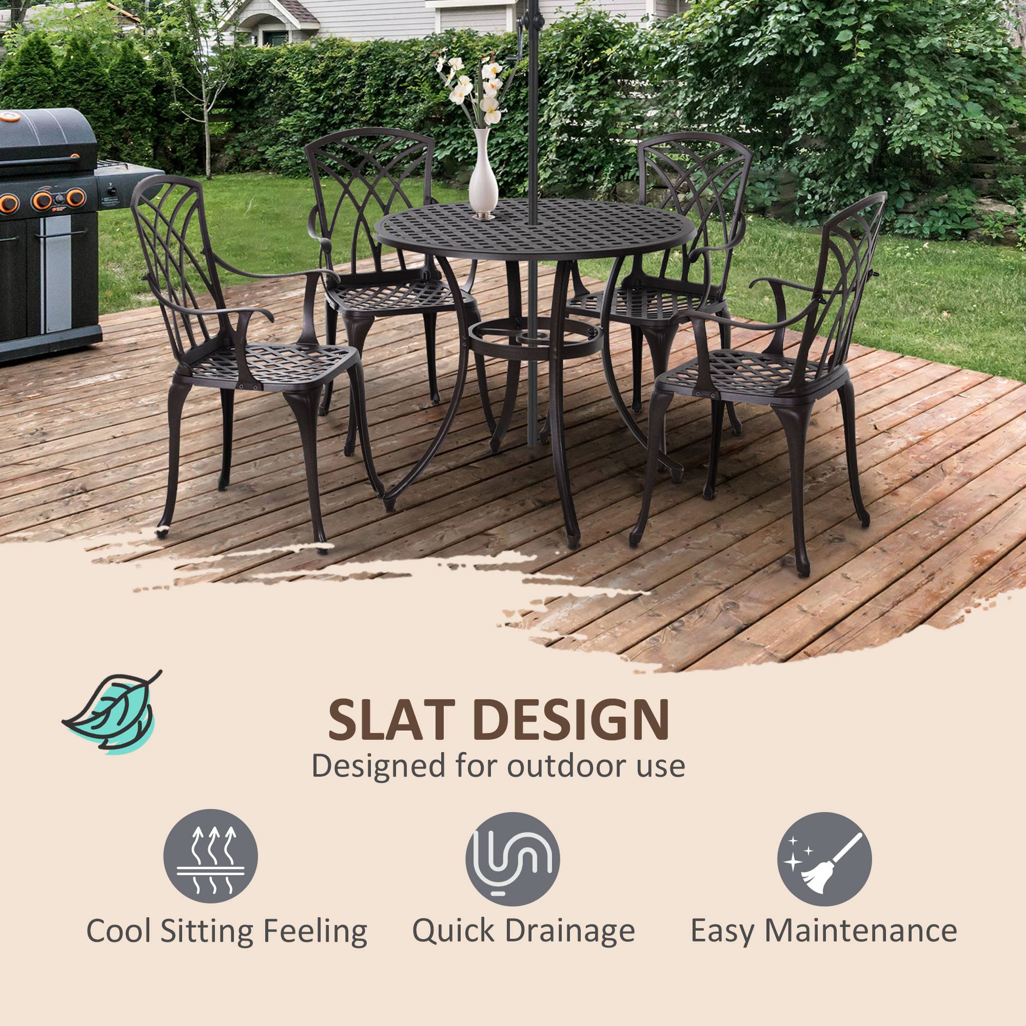 5 Pieces Garden Dining Set for 4, Cast Aluminium with Parasol Hole, Brown