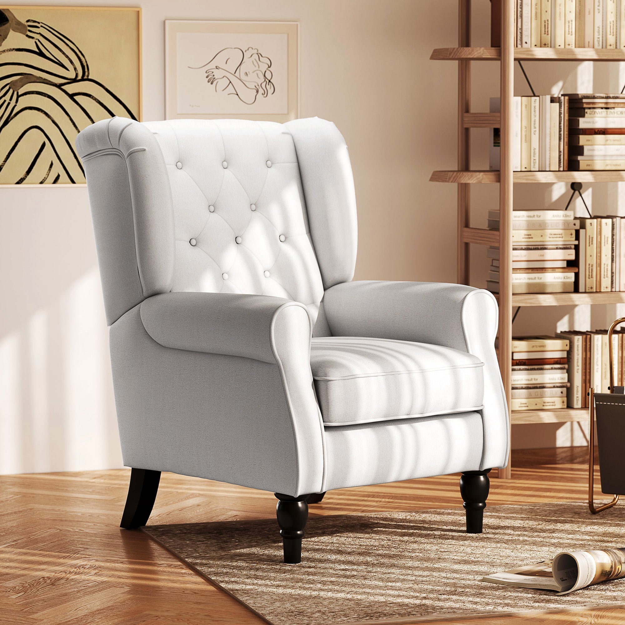 Wingback Accent Chair, Upholstered Button Tufted, Cream White