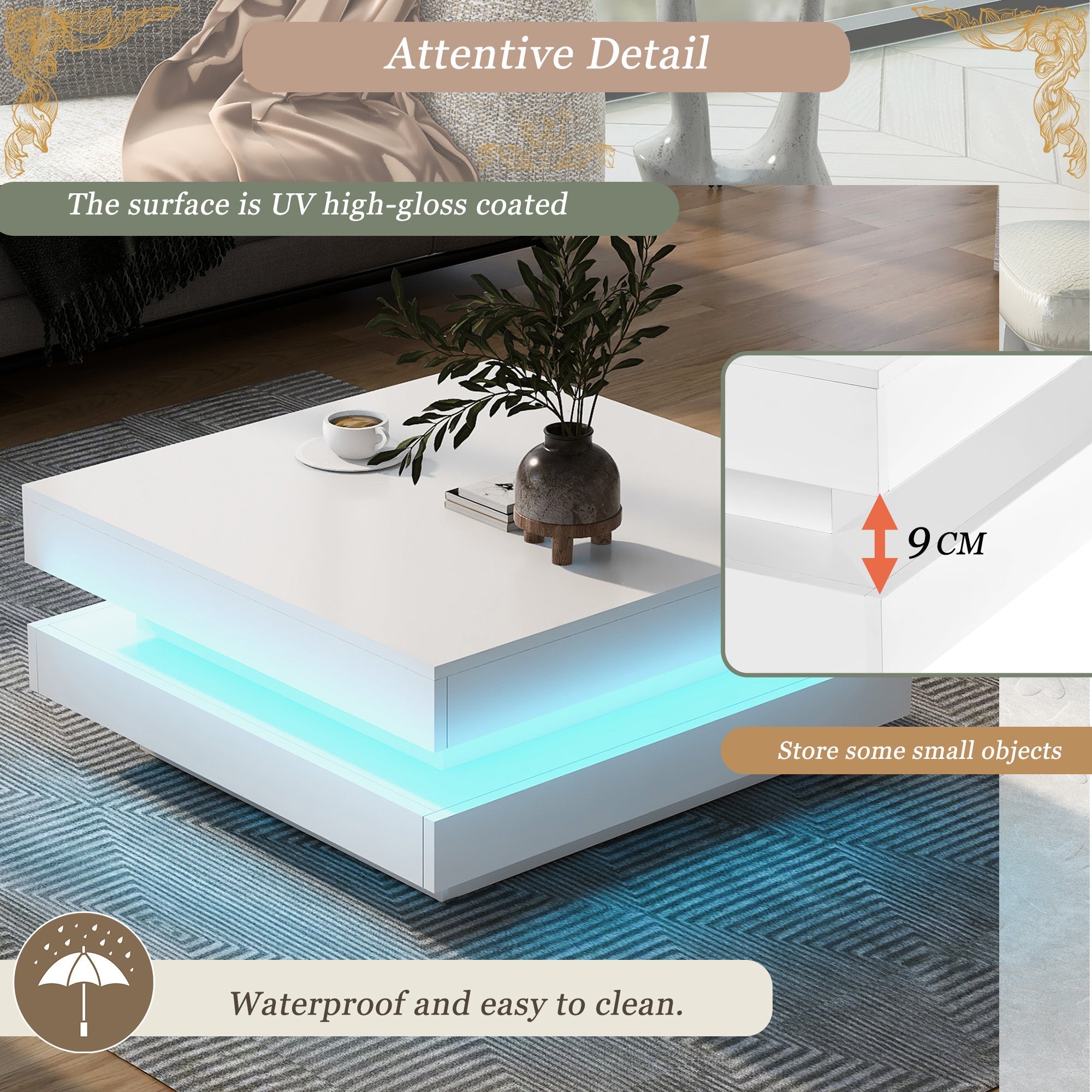 White Square High Gloss Coffee Table with 360¡ã Rotating Top, Tea Table with 16-Color LED light, 70x70x36 cm