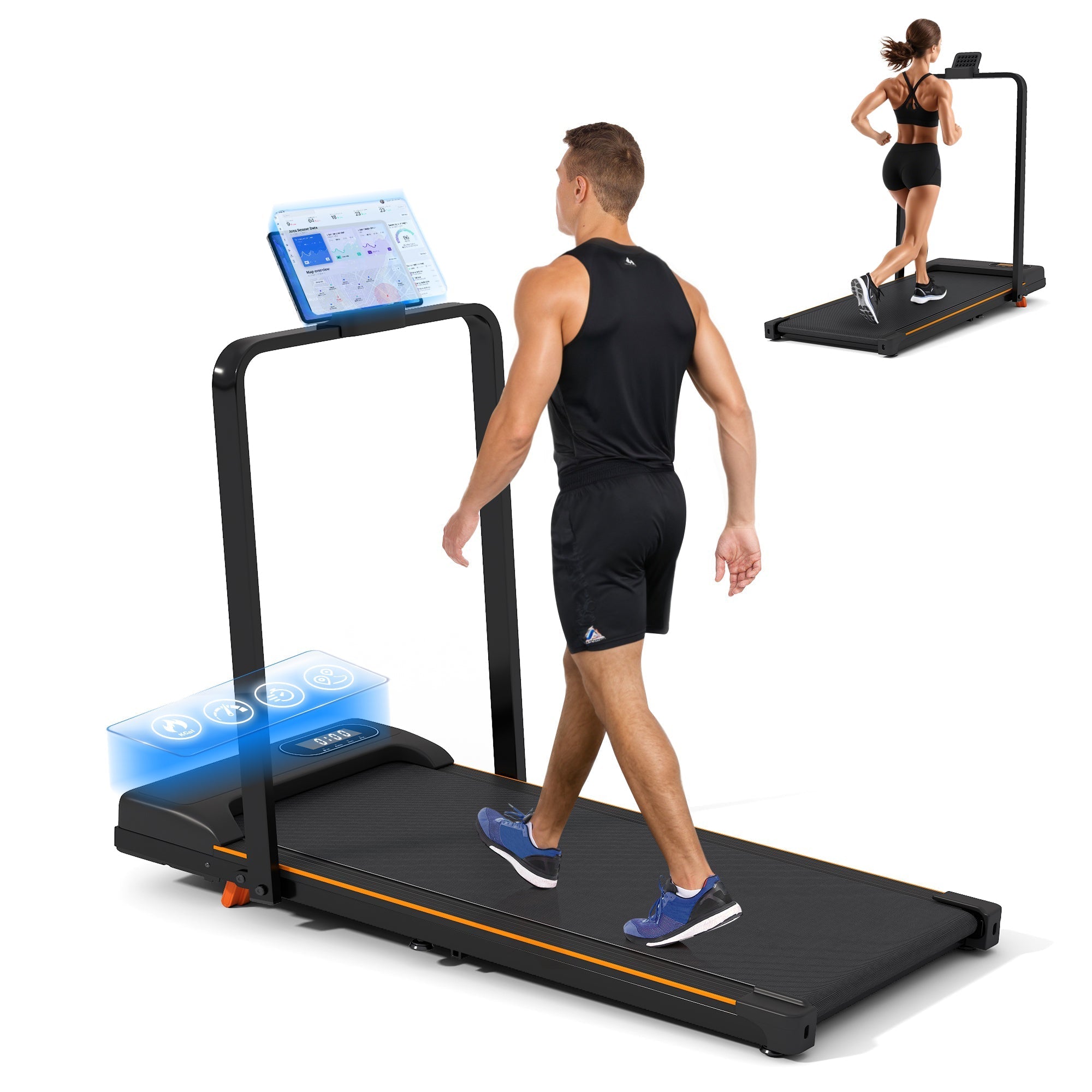 Folding Treadmill with Handrail & Adjustable Incline, 1-10 km/h Running Machine, Space Saving Low Noise Design, Black