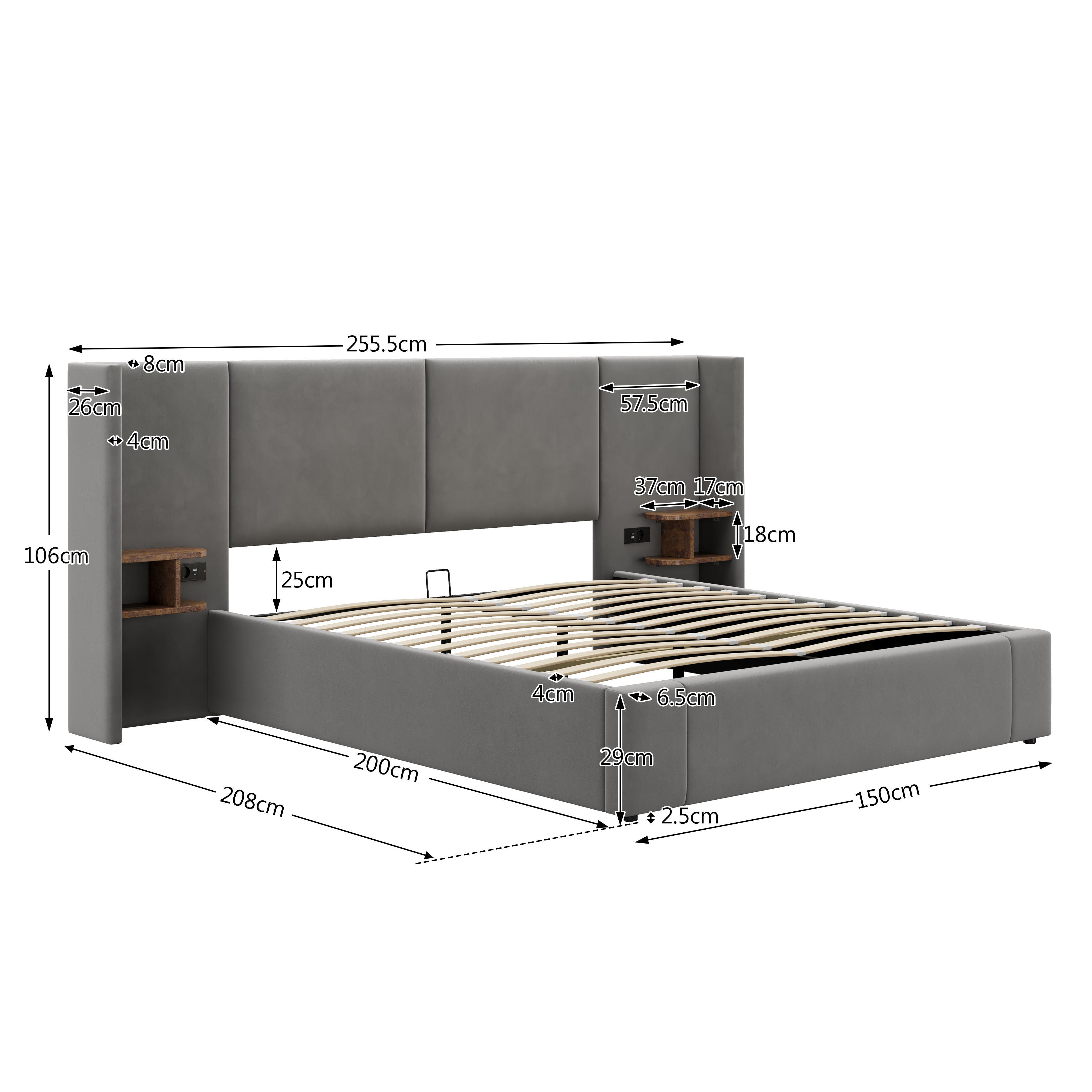 Upholstered King Size 5ft (150*200cm) Ottoman Lift Up Bed Frame with USB, Sockets & Bedside Tables, Velvet Grey