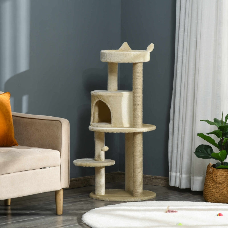 Cat Tree 104 cm Cat Condo Tower Activity Centre Scratching Posts Plush Perch Hanging Ball - Cream White