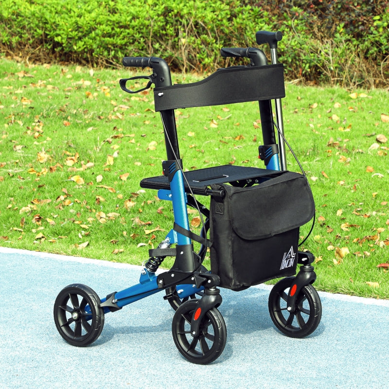 Folding Rollator Walker, Lightweight with Seat, Backrest, Dual Brakes, Adjustable Handle Height, and Storage Bag, Blue