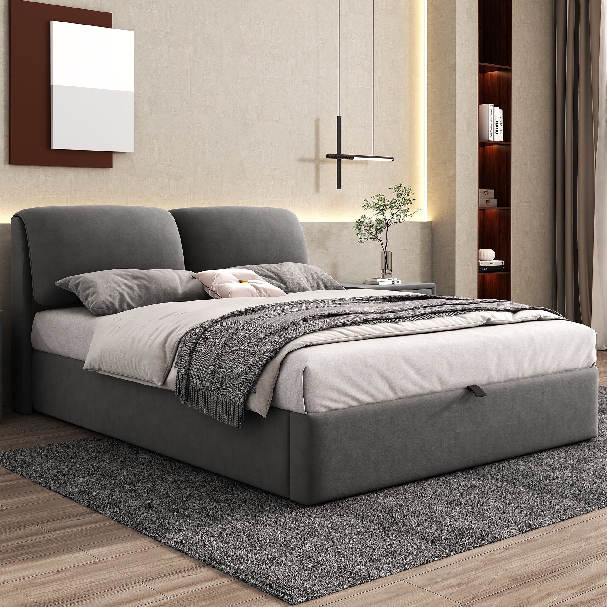 Upholstered Bed, Double 4ft6 (135x190cm) Hydraulic with Three Drawers, Storage Box & Slatted Frame, Velvet Grey